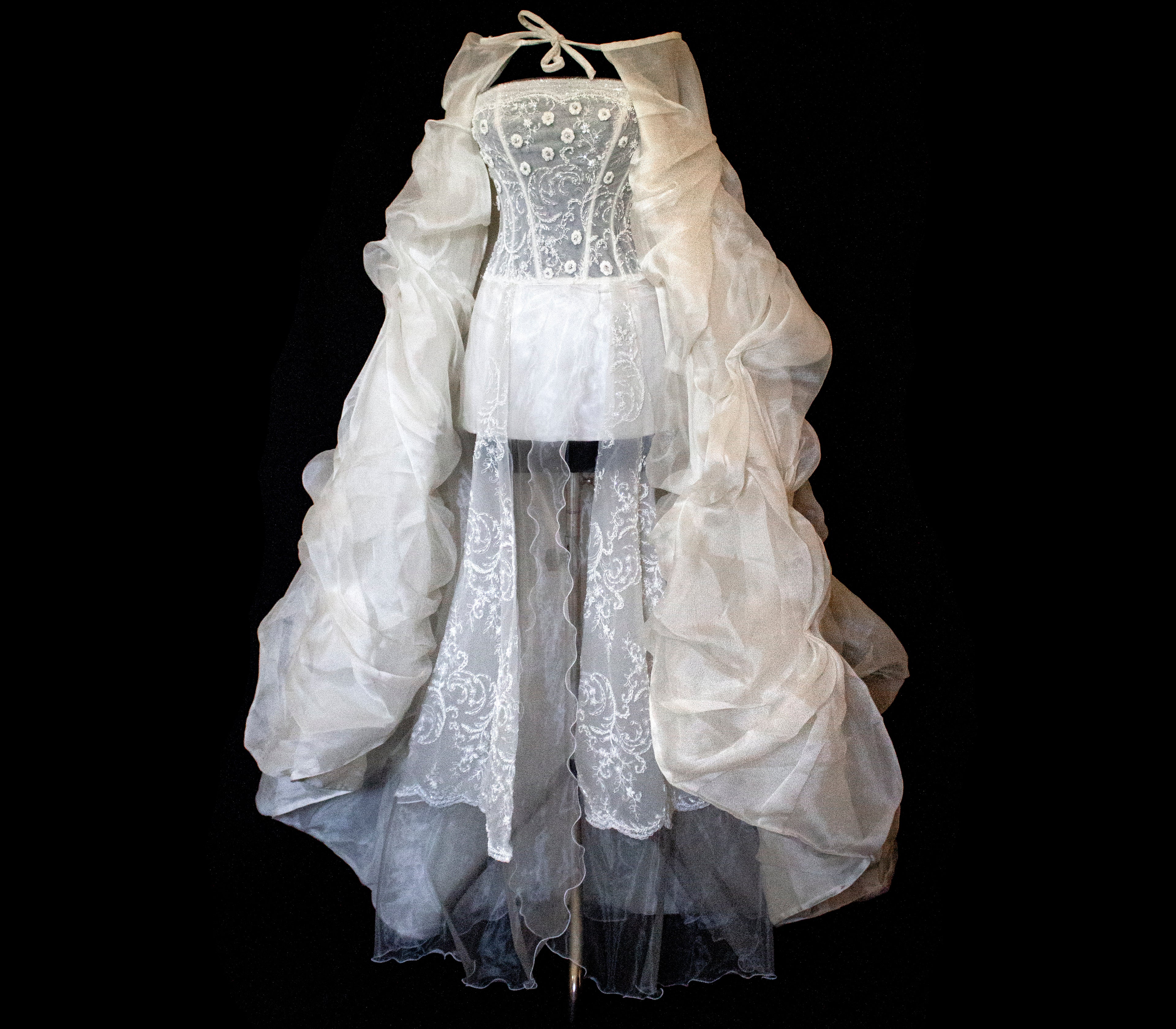 365 - VINTAGE 90s UPCYCLED EMBROIDERED WEDDING DRESS: STRAPLESS WRAP GOWN WITH IRIDESCENT DRAMA CAPE