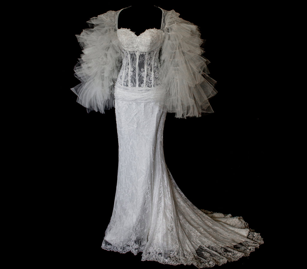 281 - SENSUAL BACKLESS BRIDAL GOWN: NUDE EFFECT EMBROIDERY & VAPOROUS TULLE RUFFLE SLEEVES