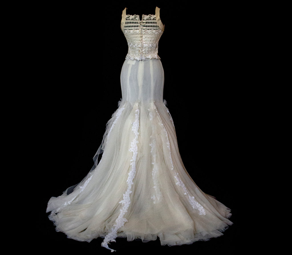 364 - VINTAGE 90s UPCYCLED TULLE AND MACRAME WEDDING DRESS: 2-PIECE ROMANTIC GOWN WITH FLOREAL LACE