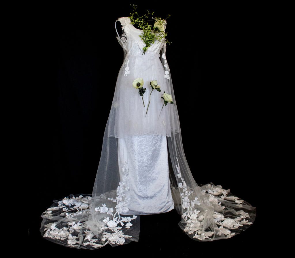 350 - UNIQUE VINTAGE UPCYCLED WEDDING DRESS: PEARL GREY VELVET SHEATH WITH TUTU & MAXI EMBROIDERED BRIDAL CAPE, SPRING BOHO STYLE - Vague atelier