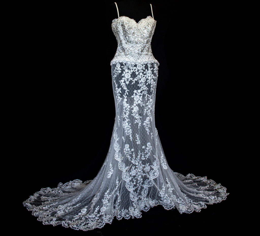 239 - VINTAGE OFF-WHITE MERMAID SWAROVSKI WEDDING DRESS: GOWN WITH NUDE POLKA DOT TULLE & SILVER FLORAL EMBROIDERY