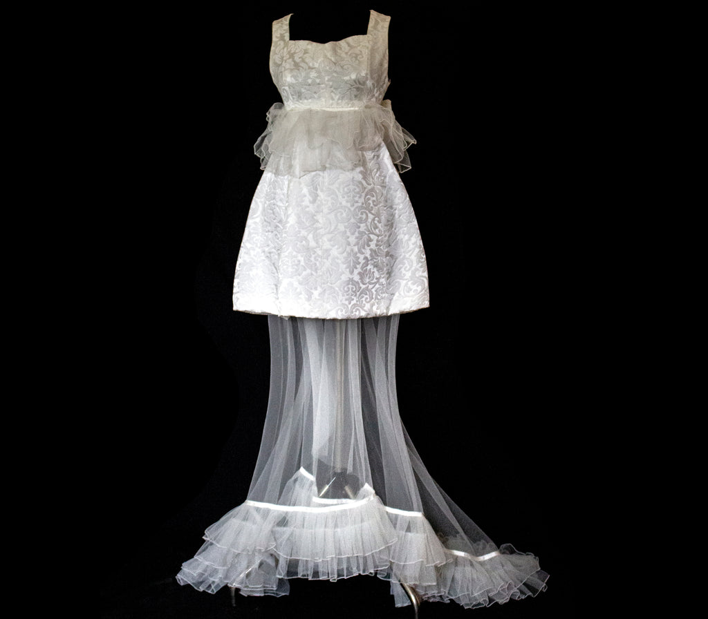 Vintage 90s Mini Wedding Dress | Damask Bridal Dress with Cape & Bow - 368