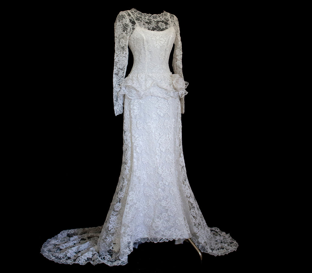 1980s Vintage Macramé Lace Sheath Wedding Dress | Full Train Gown - 377