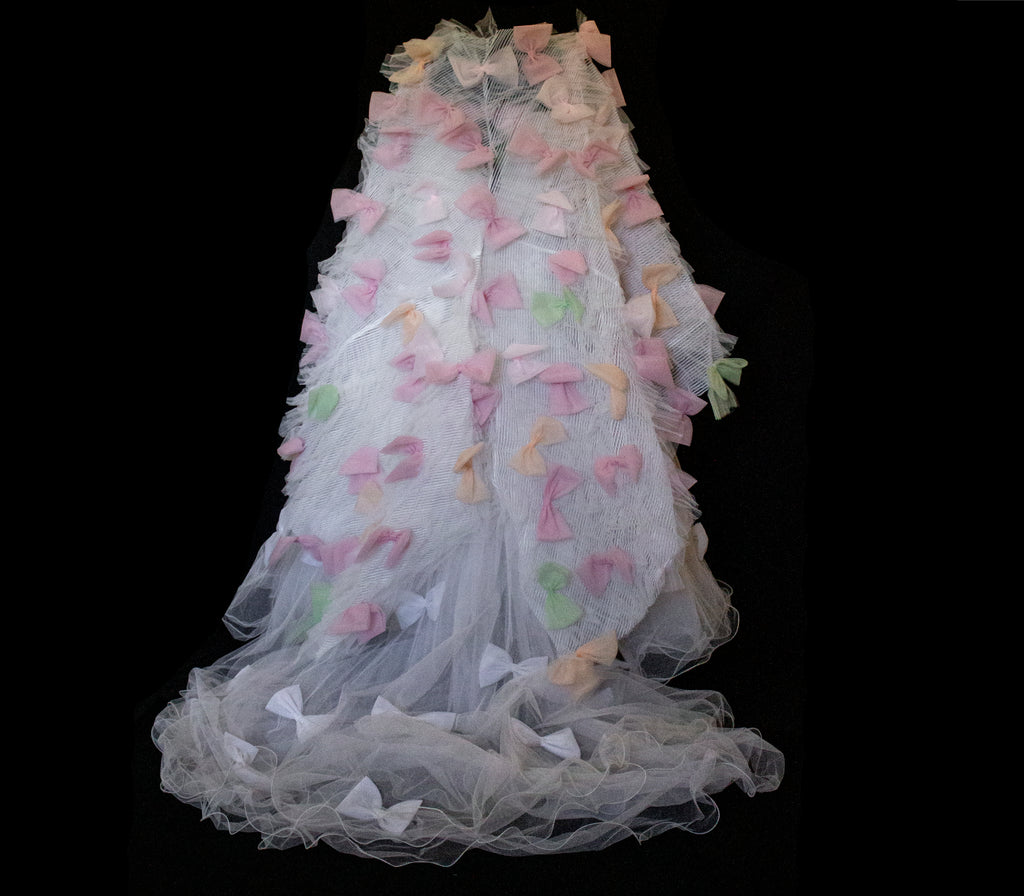 363 - VINTAGE 90s UPCYCLED TULLE 3-PIECE WEDDING DRESS: EMBROIDERED GOWN WITH HANDMADE BOWS AND CAPE