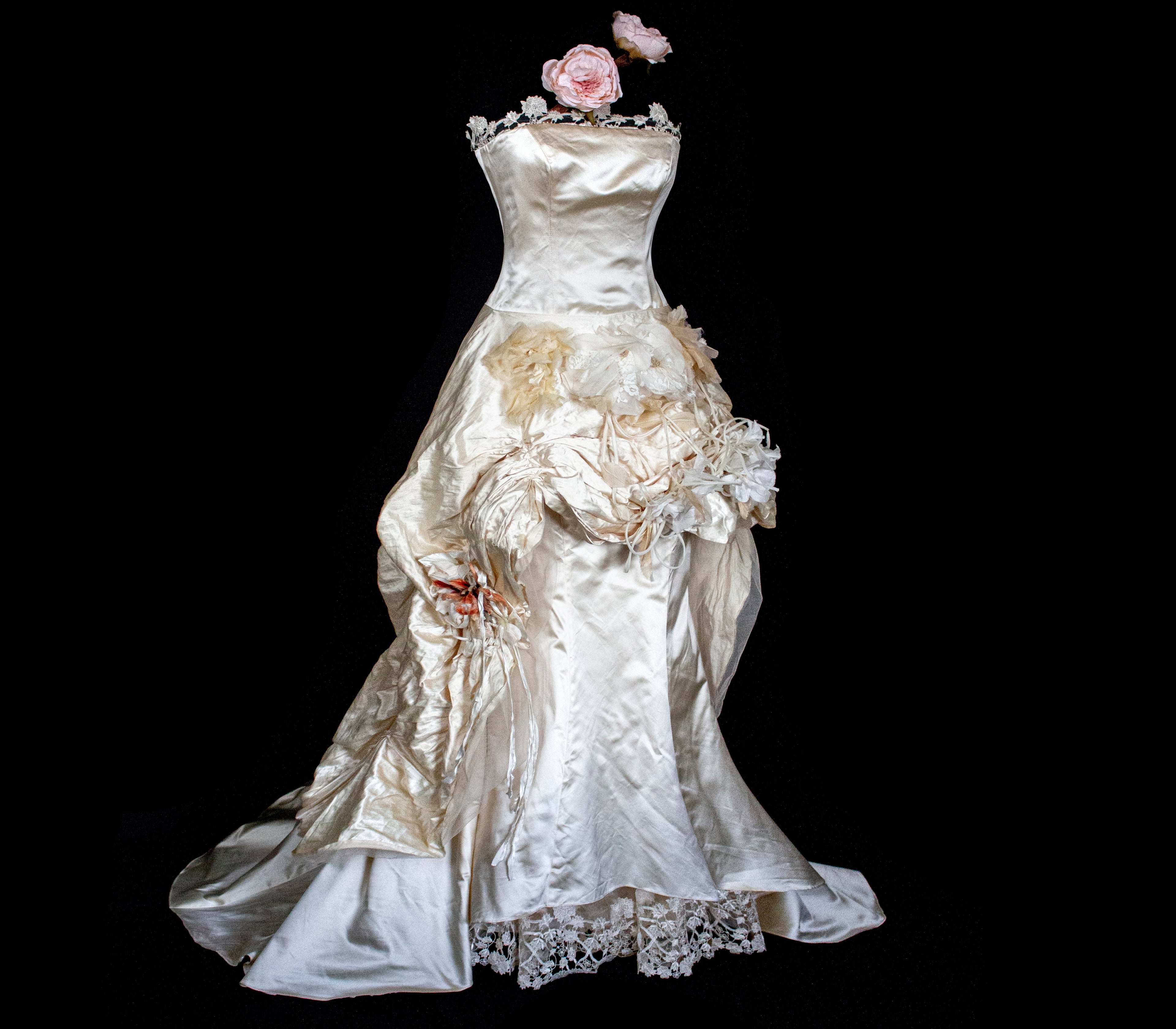 348 - UNIQUE UPCYCLED SILK MERMAID WEDDING DRESS: 90S CREAM TAFFETA GOWN WITH PINK PEONIES, EMBOSSED FLORAL DETAILS & BOHO ROMANTIC STYLE