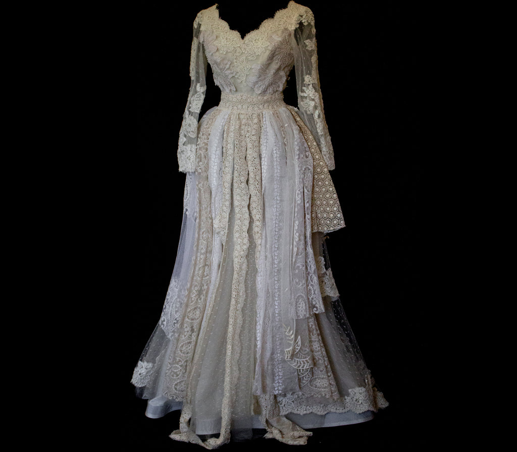 356 - VINTAGE 90s UPCYCLED LACE WEDDING DRESS: IVORY GOWN WITH POLKA DOT TULLE & ANTIQUE MACRAME DETAILS - Vague atelier