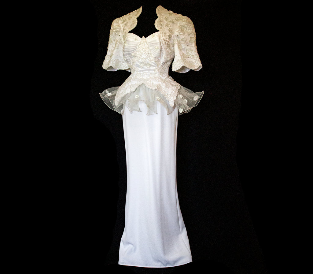Vintage 80s Sheath Wedding Dress | Hand Embroidered Bridal Gown with Slit - 366