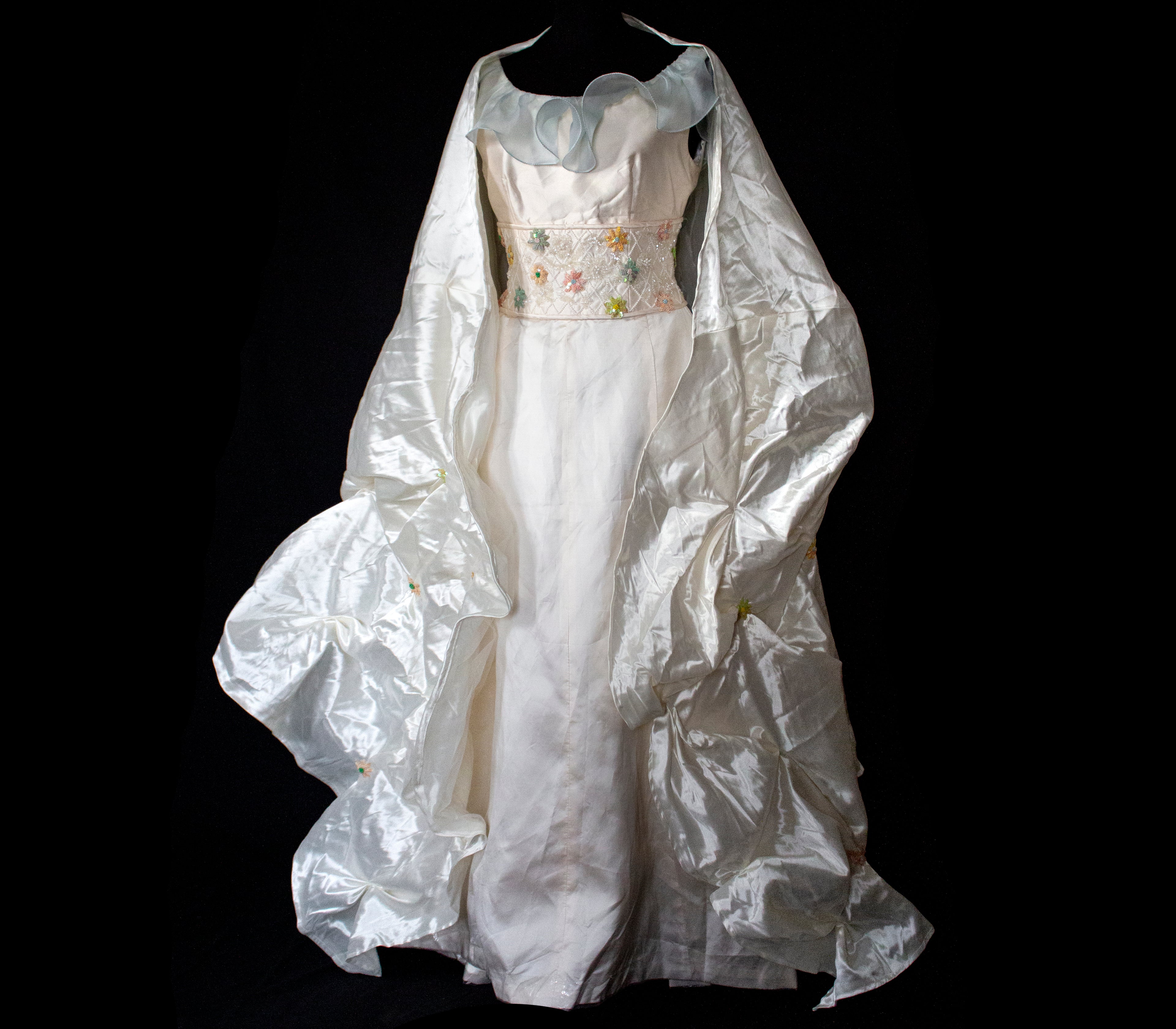 346 - UNIQUE UPCYCLED SILK TAFFETA WEDDING DRESS: PALE PINK MIKADO GOWN WITH MINT RUFFLE, SEQUIN FLORAL EMBROIDERY & MAXI STOLE