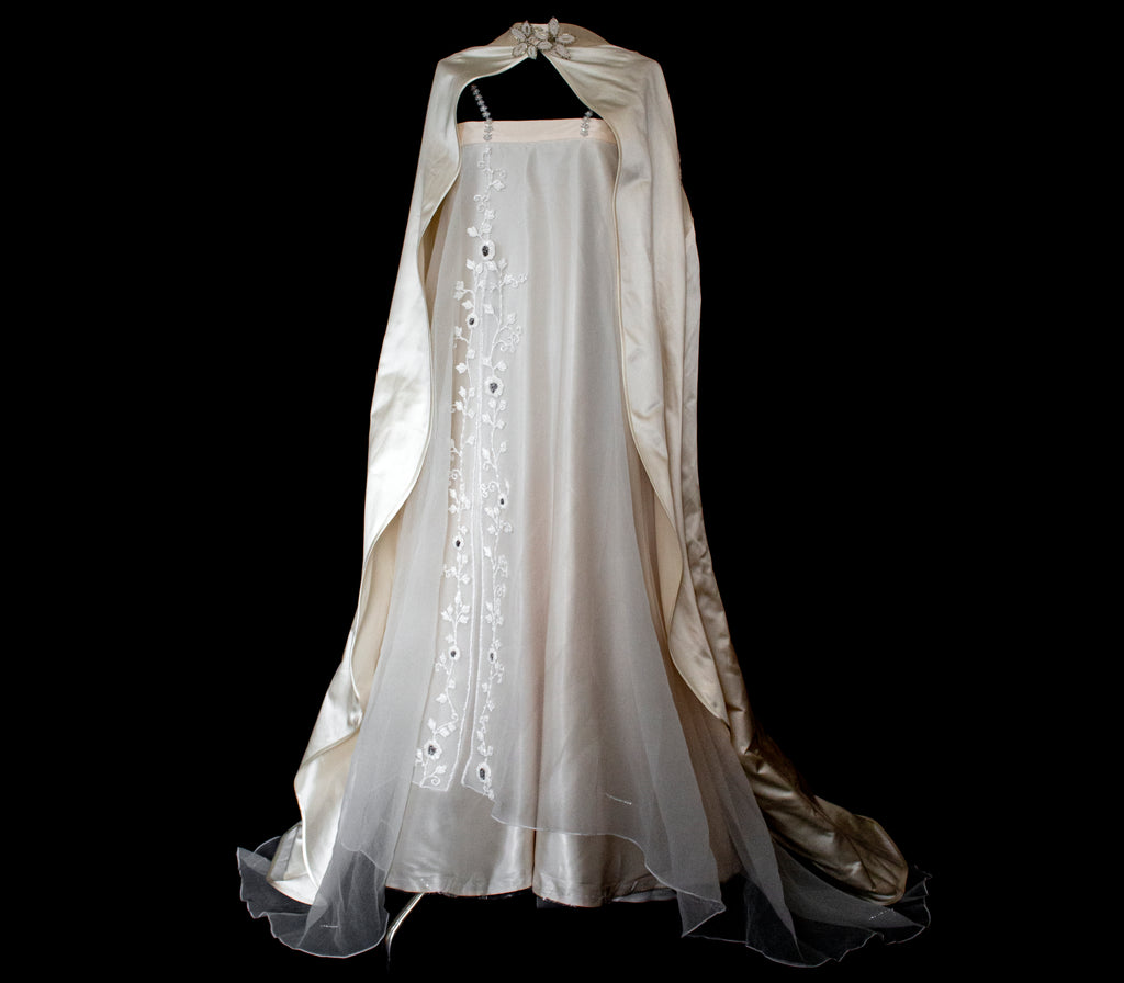 347 - UNIQUE UPCYCLED SILK SATIN WEDDING DRESS: POWDER PINK SLIP GOWN & IVORY CAPE ENSEMBLE, SILVER FLORAL EMBROIDERY, BOHO LUXURY