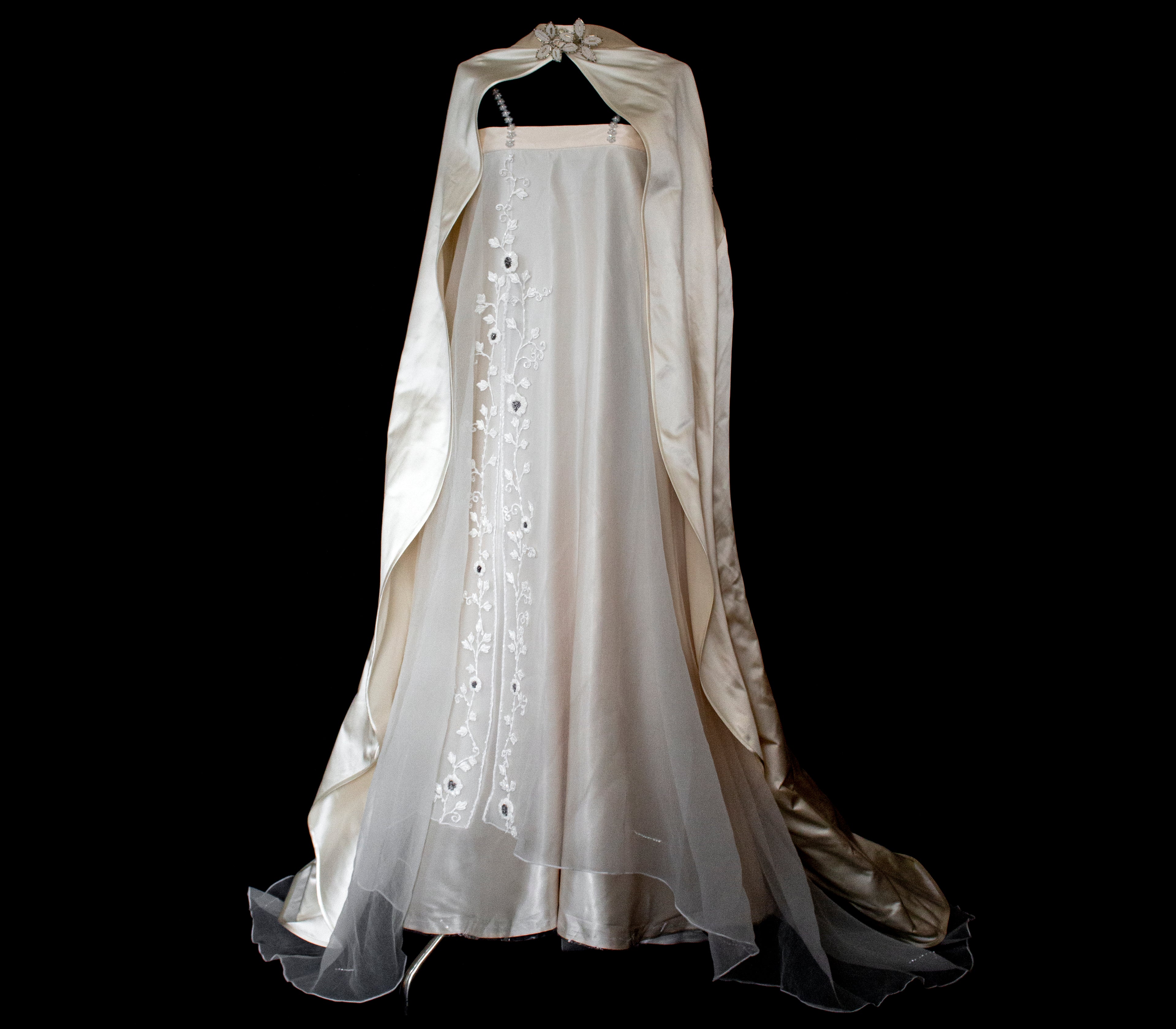 347 - UNIQUE UPCYCLED SILK SATIN WEDDING DRESS: POWDER PINK SLIP GOWN & IVORY CAPE ENSEMBLE, SILVER FLORAL EMBROIDERY, BOHO LUXURY