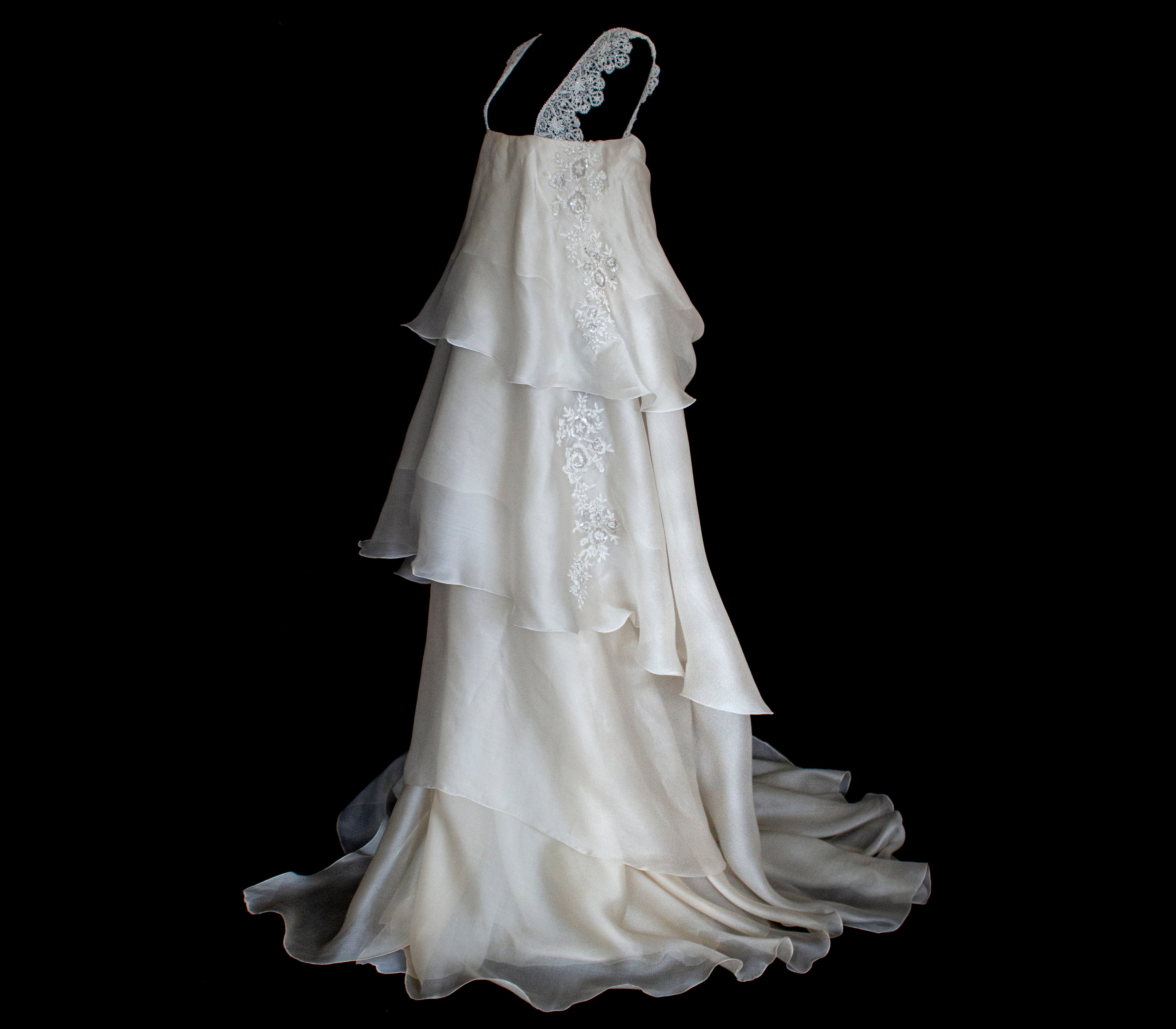 344 - UNIQUE UPCYCLED SILK ORGANZA WEDDING DRESS: PEARL GREY & BRONZE RUFFLED GOWN, SILVER EMBROIDERY, LUXURY SUSTAINABLE BRIDAL DRESS - Vague atelier