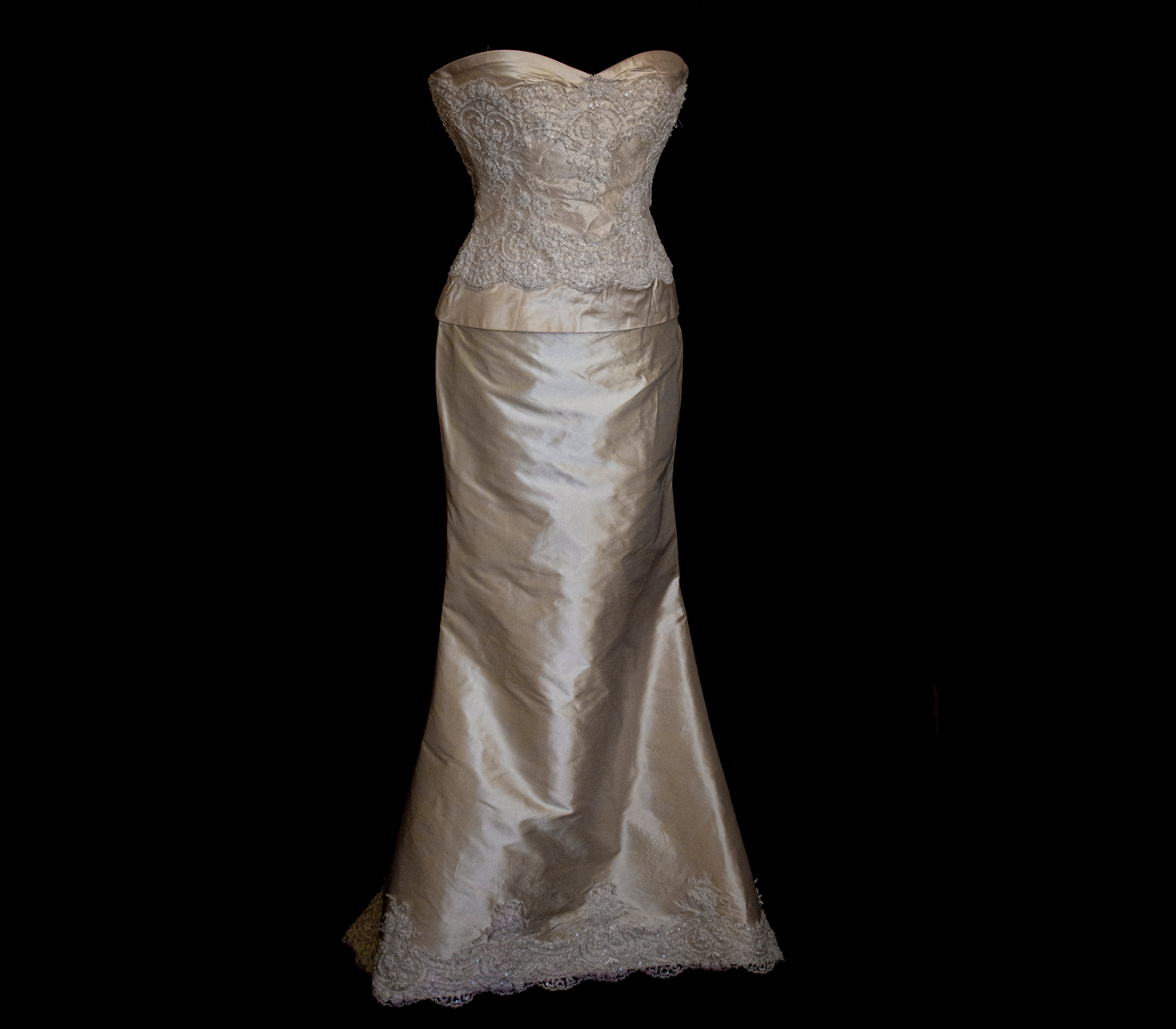 334 - IVORY SILK MIKADO VINTAGE WEDDING DRESS: COLUMN GOWN WITH EMBROIDERED CAPE & CRYSTALS - Vague atelier