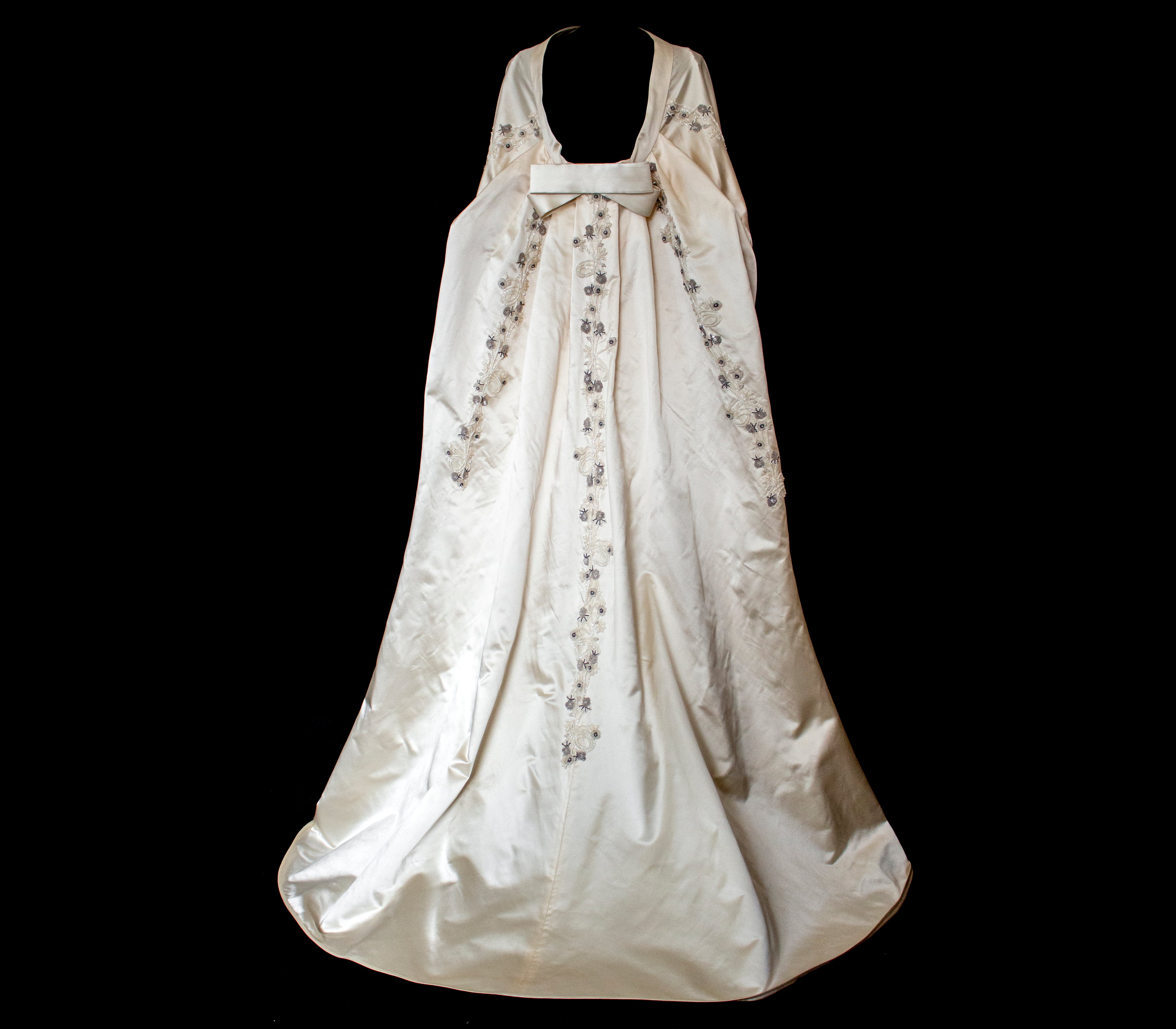 347 - UNIQUE UPCYCLED SILK SATIN WEDDING DRESS: POWDER PINK SLIP GOWN & IVORY CAPE ENSEMBLE, SILVER FLORAL EMBROIDERY, BOHO LUXURY