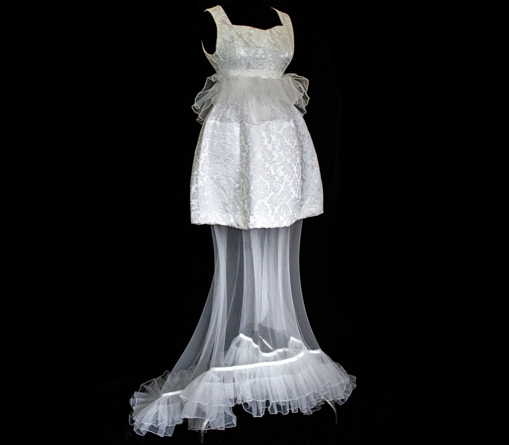 Vintage 90s Mini Wedding Dress | Damask Bridal Dress with Cape & Bow - 368