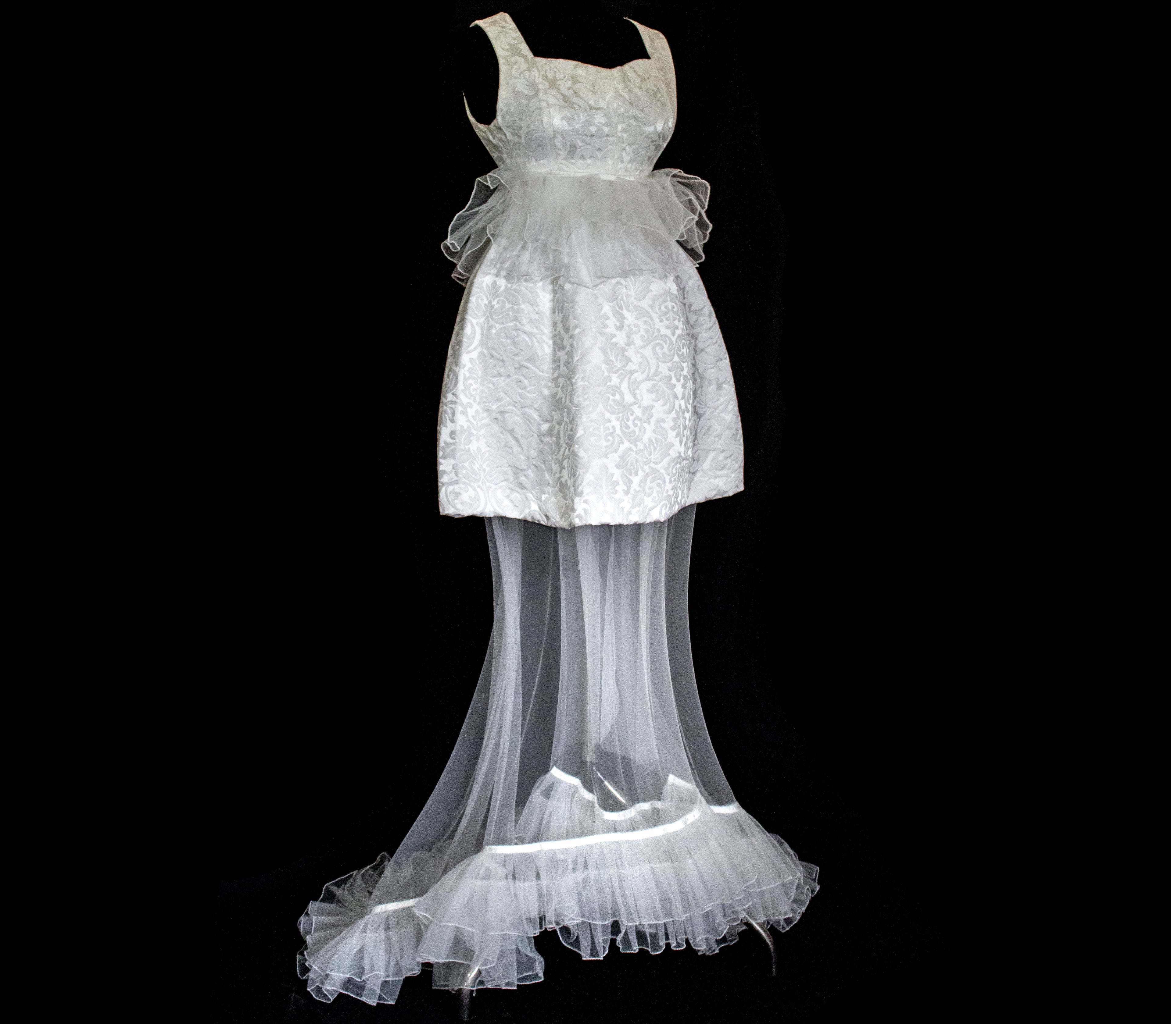 Vintage 90s Mini Wedding Dress | Damask Bridal Dress with Cape & Bow - 368