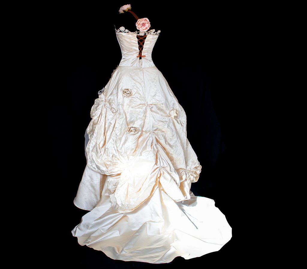 348 - UNIQUE UPCYCLED SILK MERMAID WEDDING DRESS: 90S CREAM TAFFETA GOWN WITH PINK PEONIES, EMBOSSED FLORAL DETAILS & BOHO ROMANTIC STYLE