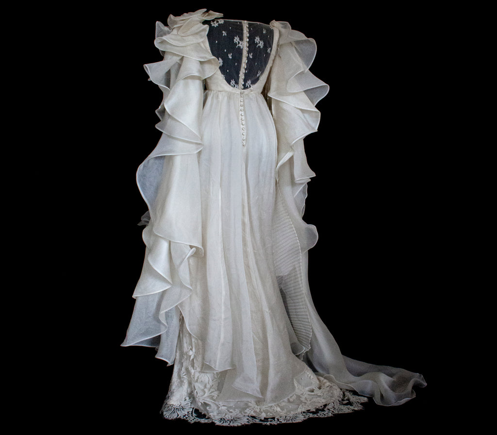 340 - OFF-WHITE SILK ORGANZA & ECRU LACE UPCYCLED WEDDING DRESS: UNIQUE EMPIRE GOWN WITH PLEATED WINGS