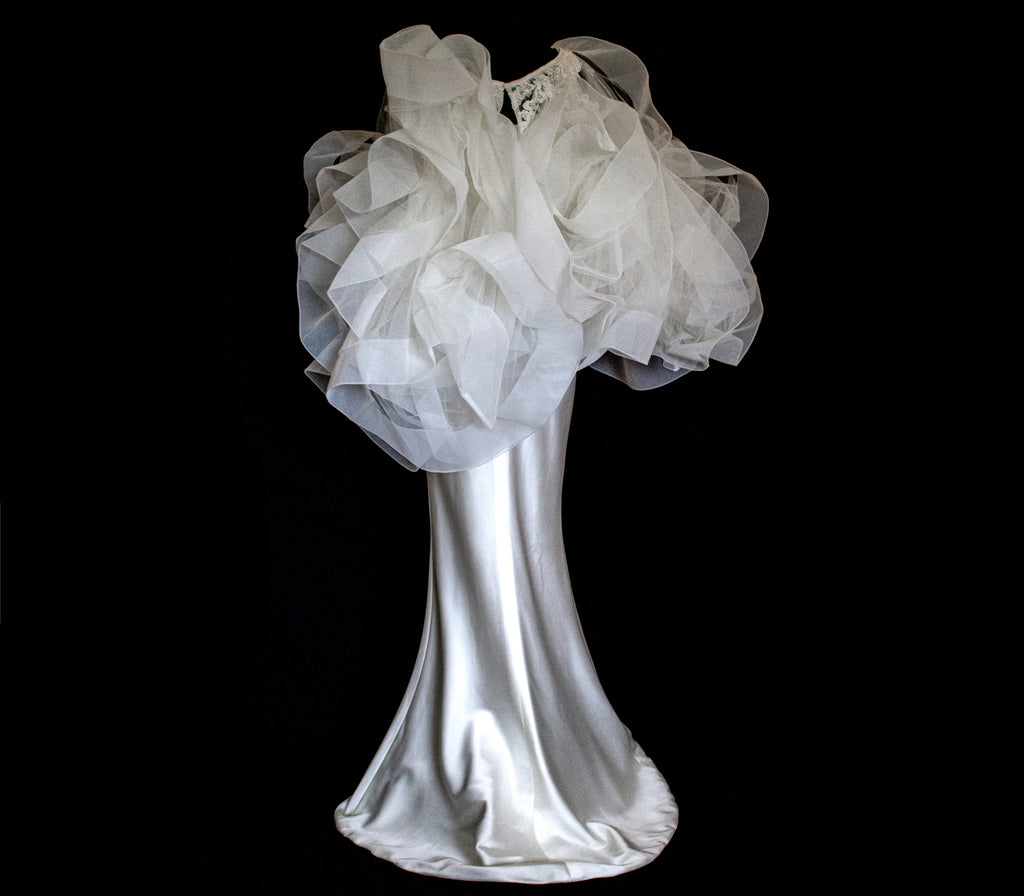 360 - VINTAGE SLIP STYLE WEDDING DRESS: CREAM FLUID SATIN GOWN WITH EMBROIDERED TULLE CAPE