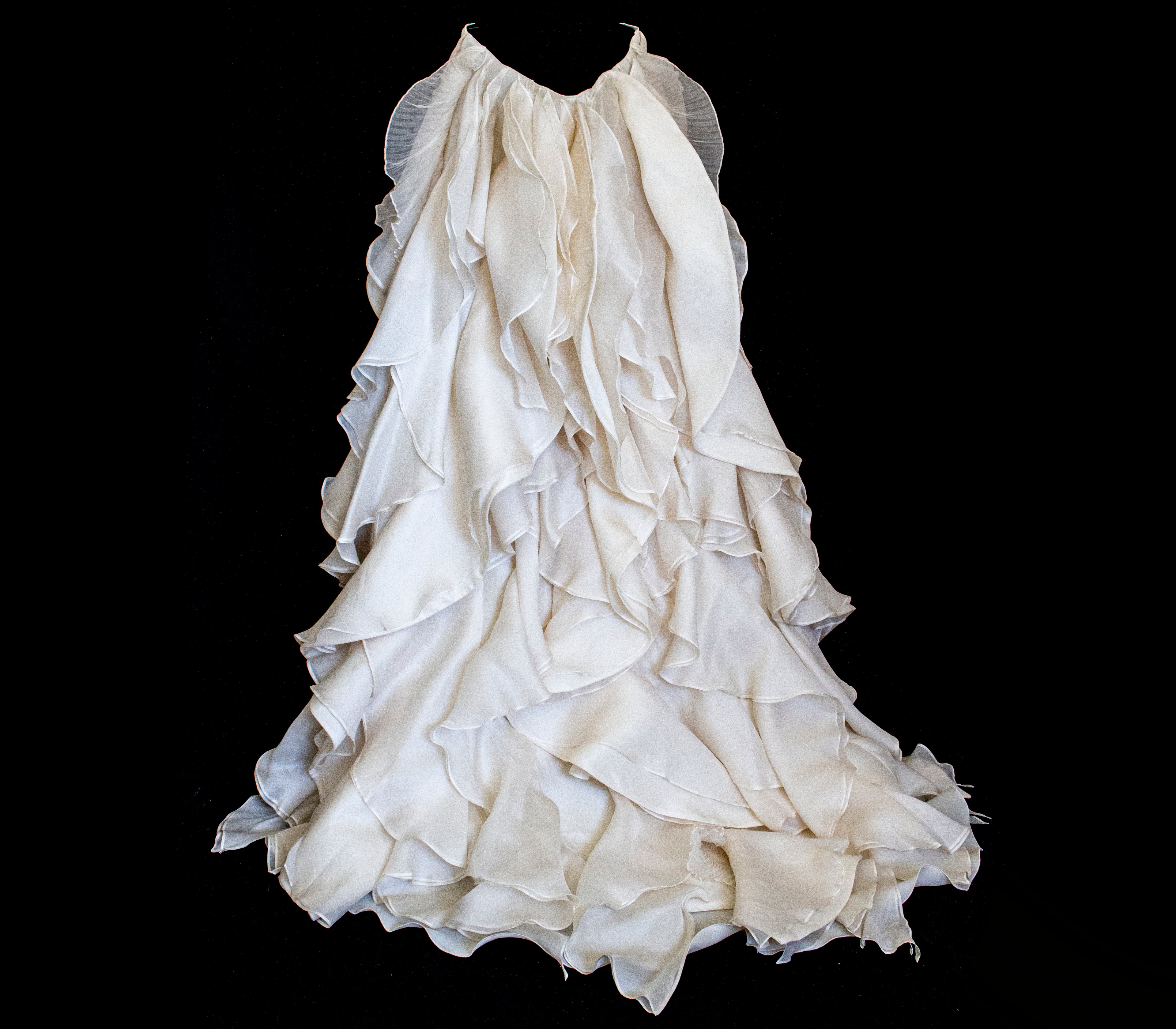 320 - LUXURY PURE SILK VINTAGE BRIDAL GOWN: A-LINE LACE DRESS WITH DETACHABLE RUFFLED CAPE