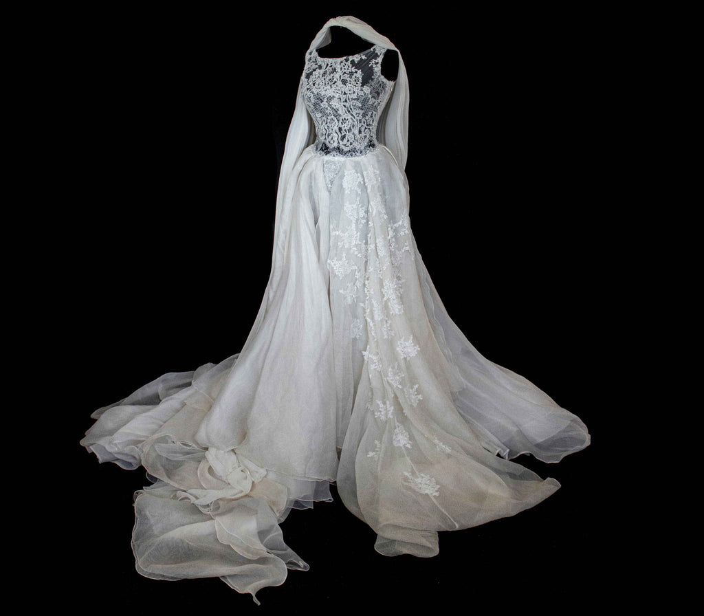 331 - ONE OF A KIND UPCYCLED VINTAGE BRIDAL GOWN: ASYMMETRIC LAYERED SILK CLOUD SKIRT & EMBROIDERED LACE