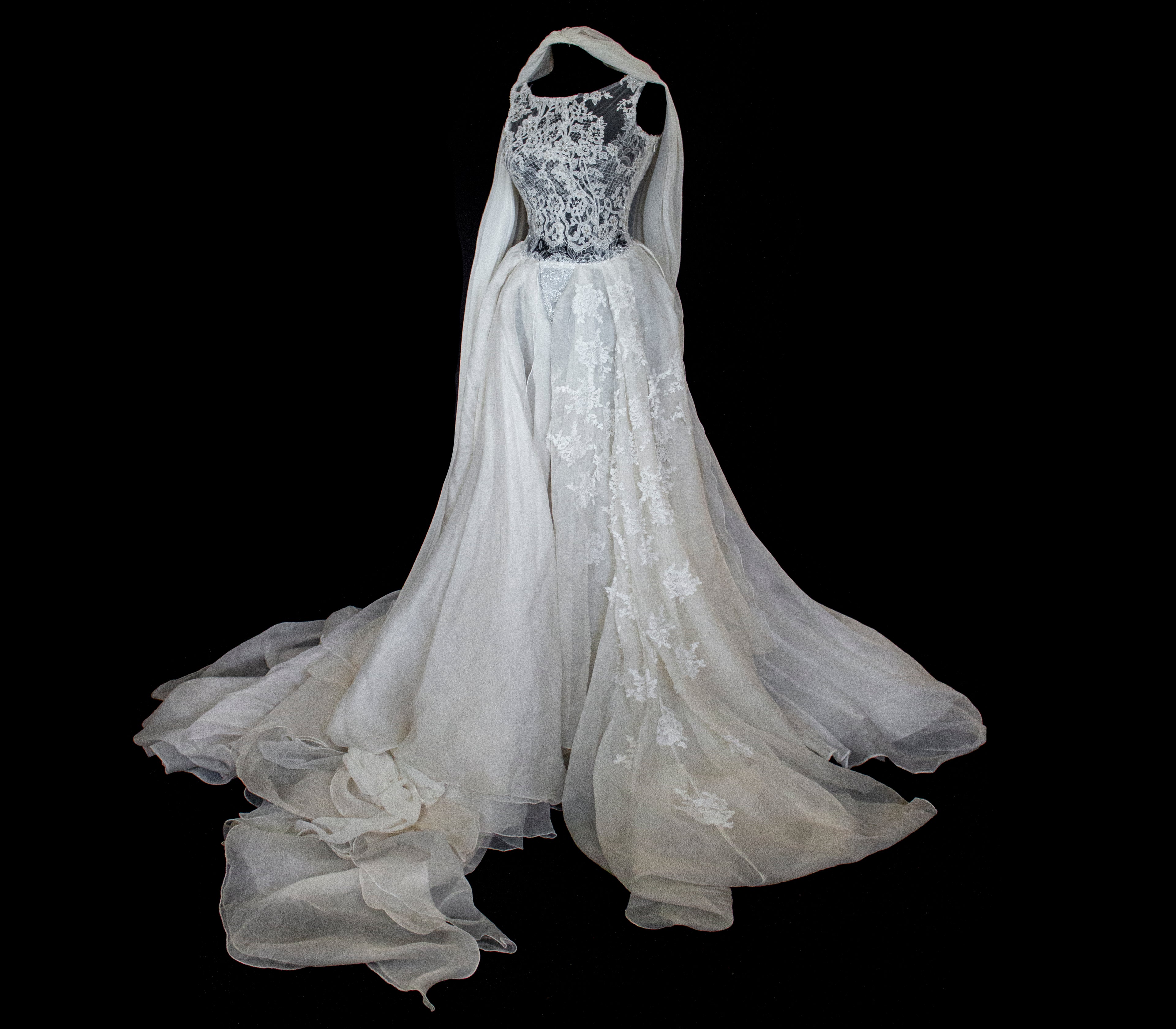 331 - ONE OF A KIND UPCYCLED VINTAGE BRIDAL GOWN: ASYMMETRIC LAYERED SILK CLOUD SKIRT & EMBROIDERED LACE