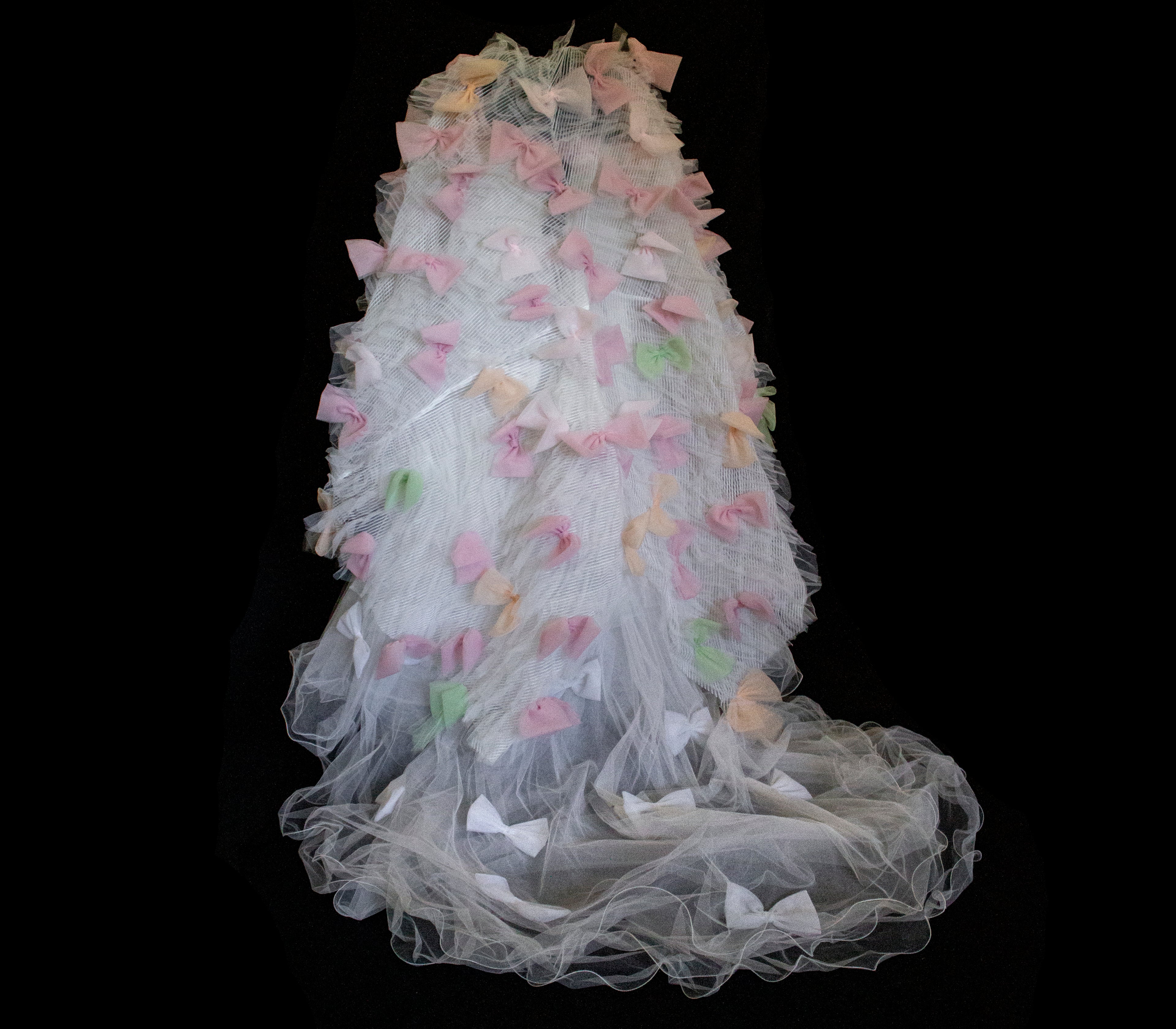 363 - VINTAGE 90s UPCYCLED TULLE 3-PIECE WEDDING DRESS: EMBROIDERED GOWN WITH HANDMADE BOWS AND CAPE