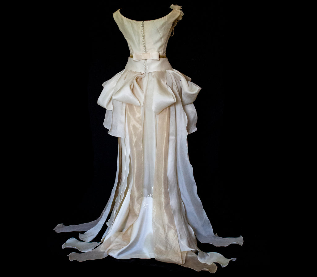 357 - VINTAGE 90s UPCYCLED SILK ORGANZA WEDDING DRESS: EMBROIDERED GOWN WITH HANDMADE FRINGE