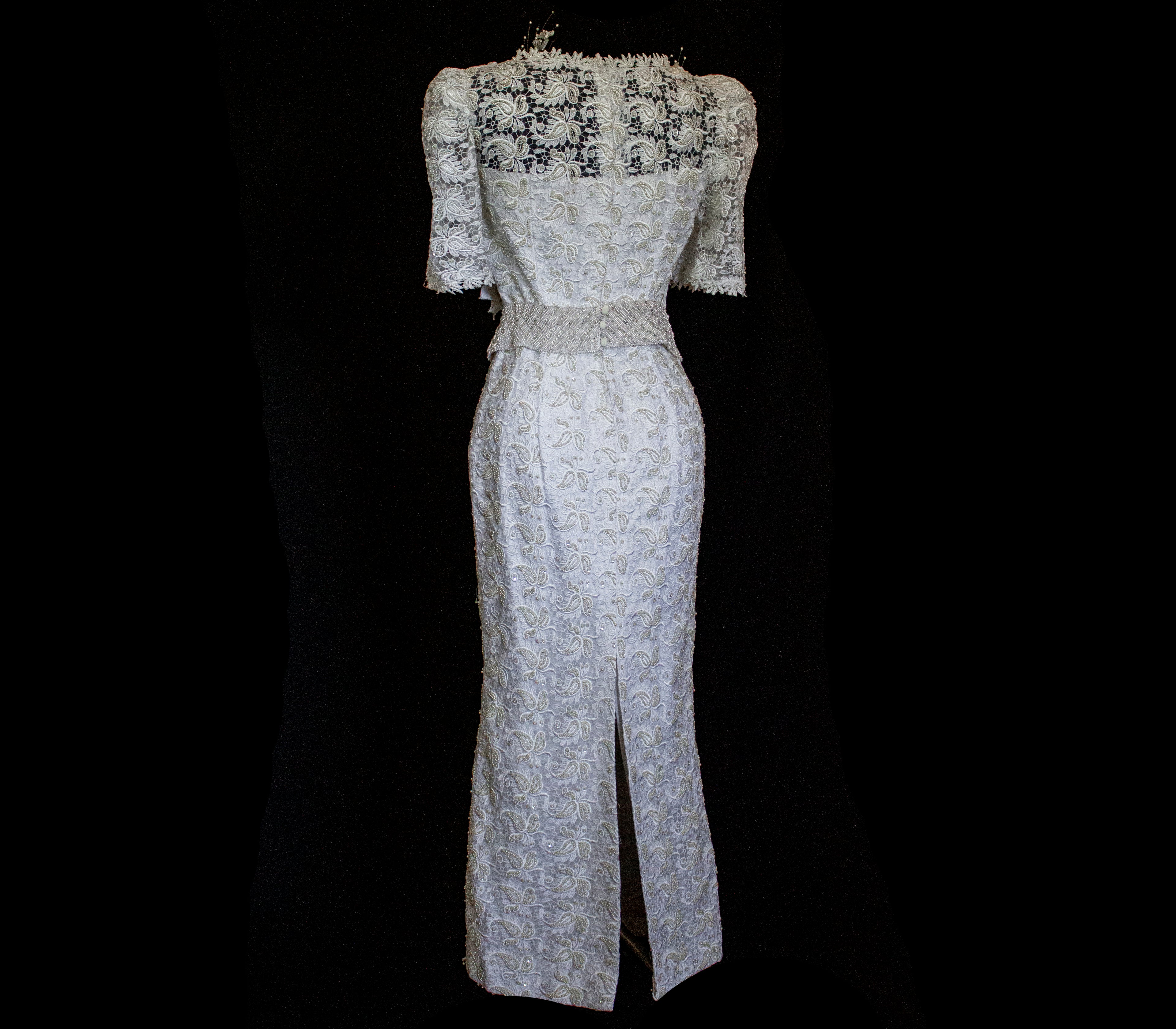 359 - VINTAGE 80s BEADED LACE SHEATH DRESS: WHITE & GOLD WEDDING GOWN WITH 3D FLORAL DETAILS