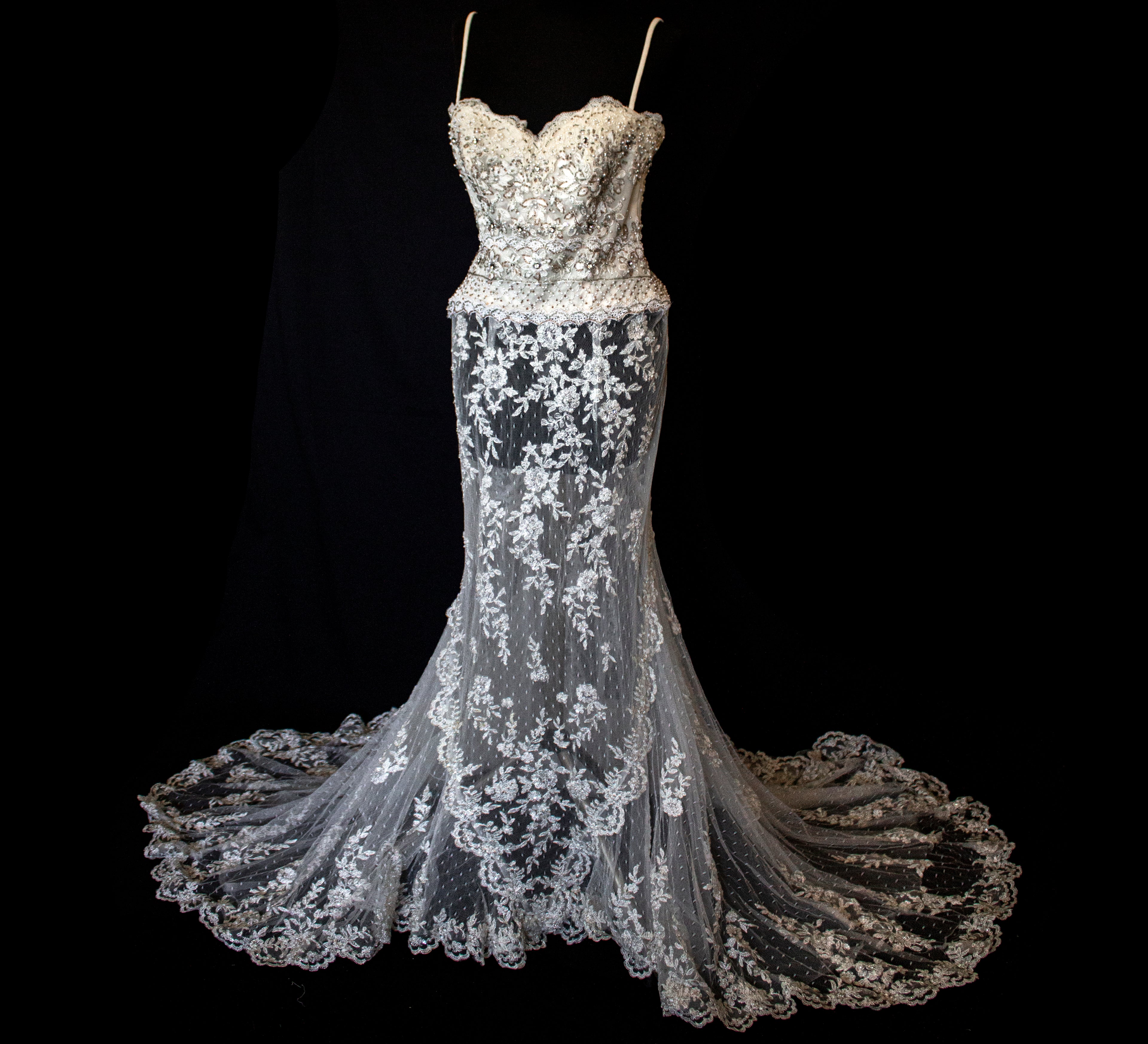 239 - VINTAGE OFF-WHITE MERMAID SWAROVSKI WEDDING DRESS: GOWN WITH NUDE POLKA DOT TULLE & SILVER FLORAL EMBROIDERY