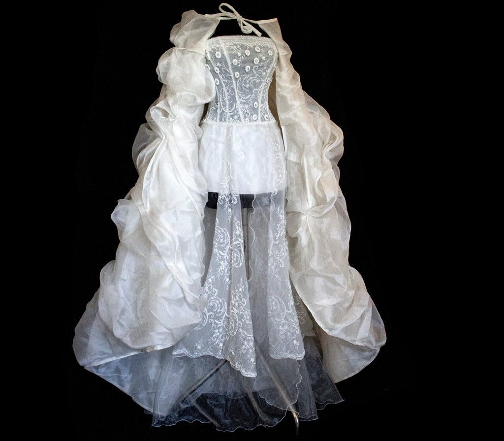 365 - VINTAGE 90s UPCYCLED EMBROIDERED WEDDING DRESS: STRAPLESS WRAP GOWN WITH IRIDESCENT DRAMA CAPE
