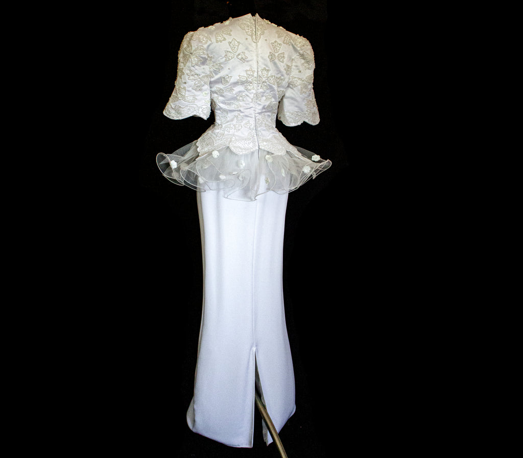 Vintage 80s Sheath Wedding Dress | Hand Embroidered Bridal Gown with Slit - 366