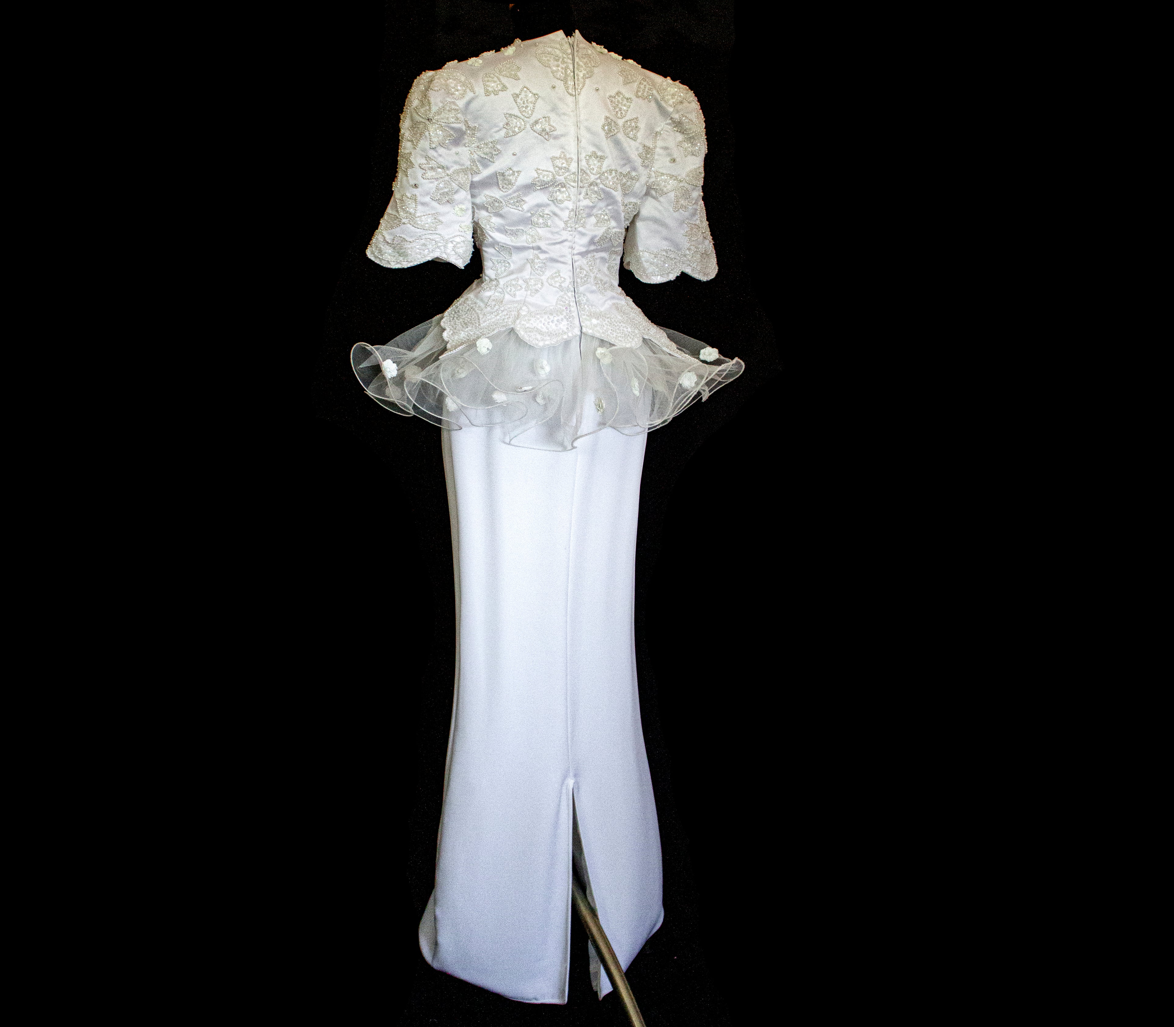 Vintage 80s Sheath Wedding Dress | Hand Embroidered Bridal Gown with Slit - 366