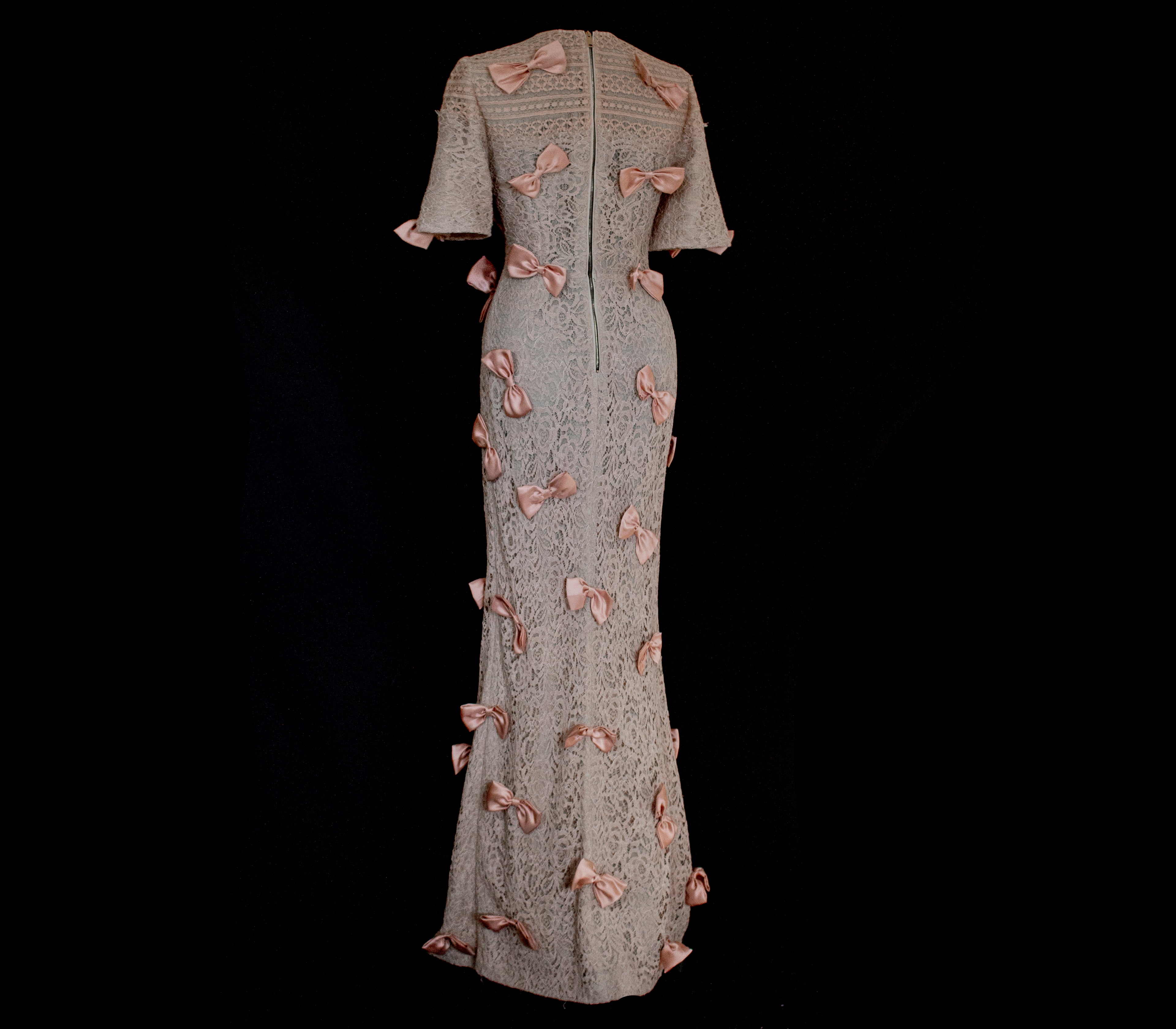 330 - DUSTY PINK VINTAGE BRIDAL LACE GOWN: COQUETTE SATIN BOWS & ROMANTIC HALF SLEEVES