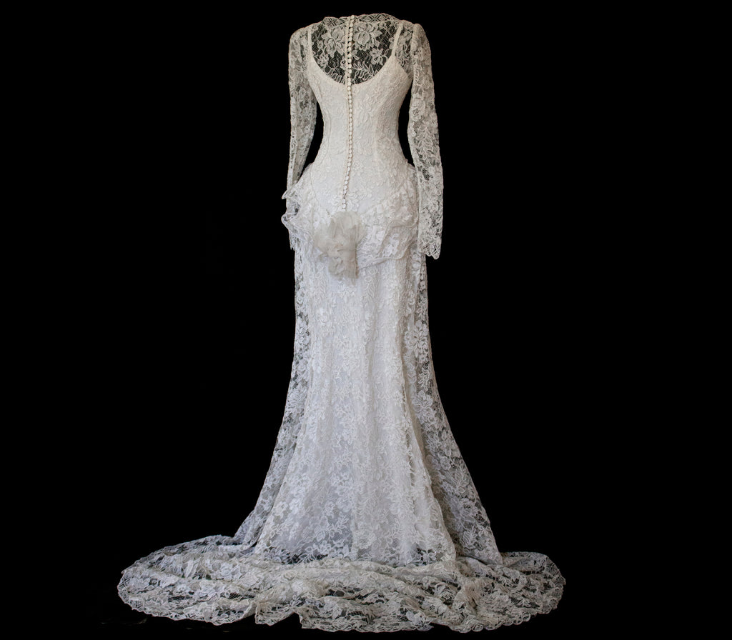 1980s Vintage Macramé Lace Sheath Wedding Dress | Full Train Gown - 377