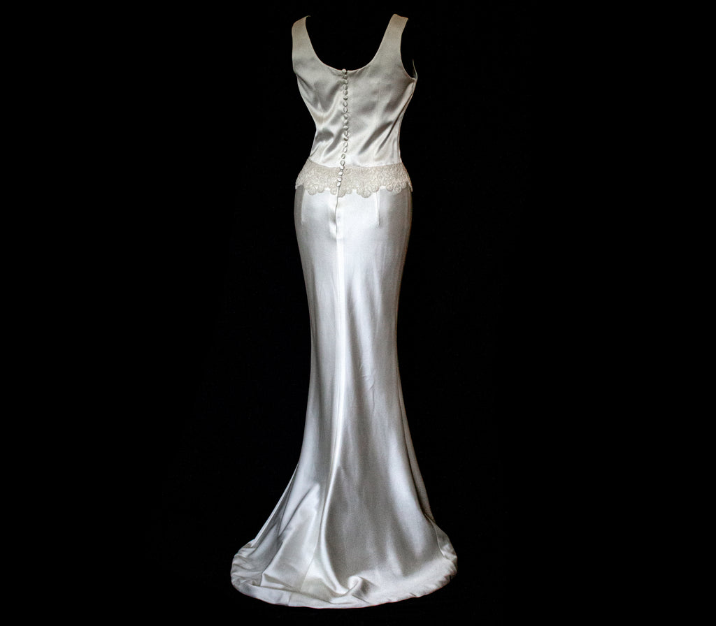 360 - VINTAGE SLIP STYLE WEDDING DRESS: CREAM FLUID SATIN GOWN WITH EMBROIDERED TULLE CAPE