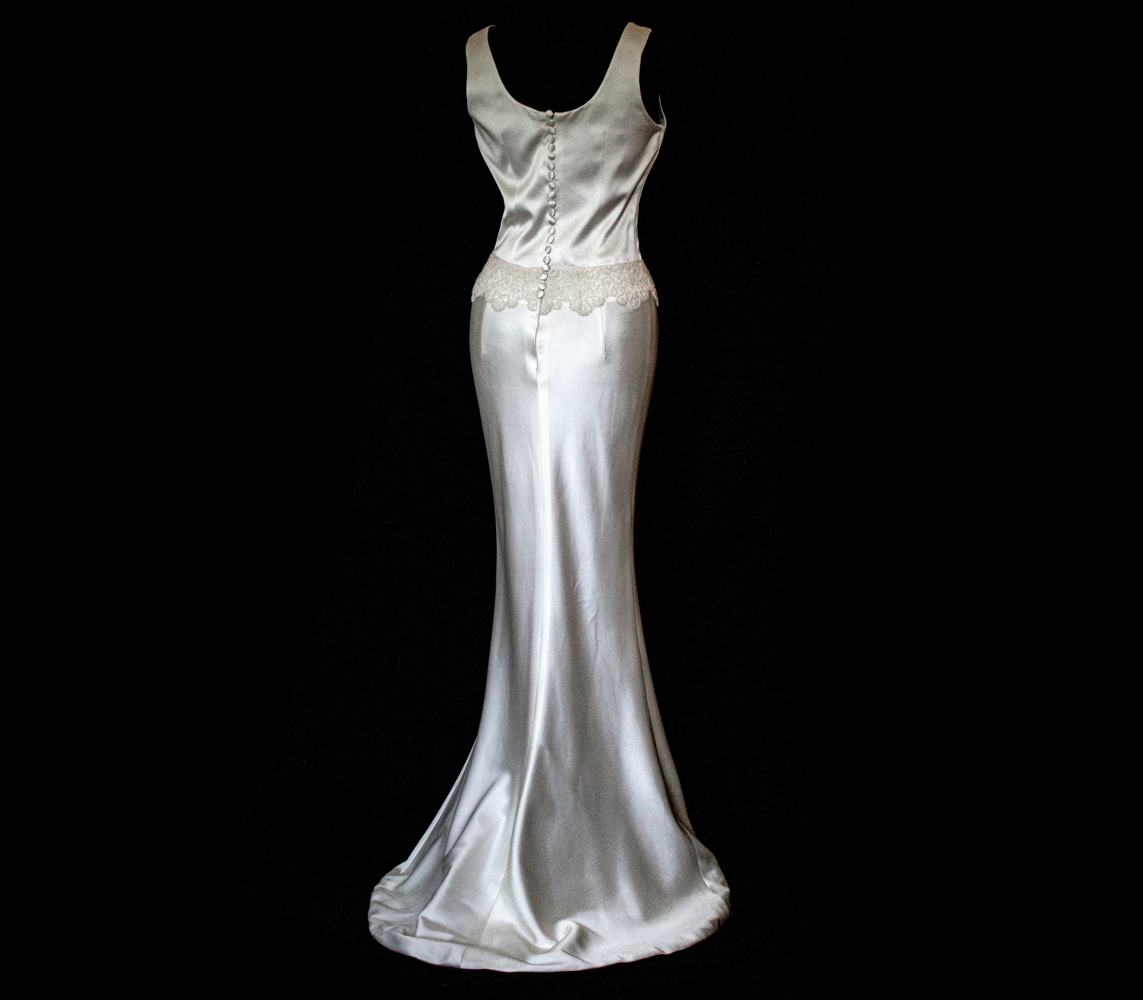 360 - VINTAGE SLIP STYLE WEDDING DRESS: CREAM FLUID SATIN GOWN WITH EMBROIDERED TULLE CAPE