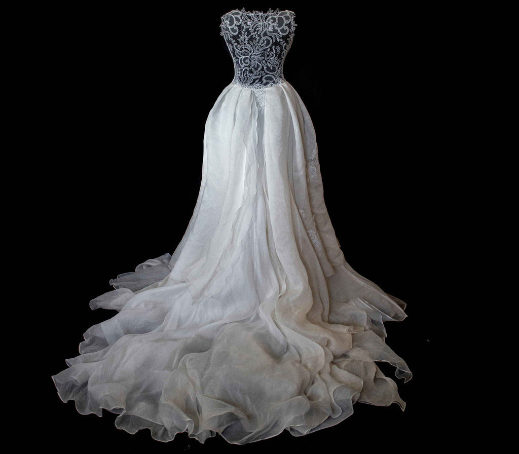 331 - ONE OF A KIND UPCYCLED VINTAGE BRIDAL GOWN: ASYMMETRIC LAYERED SILK CLOUD SKIRT & EMBROIDERED LACE