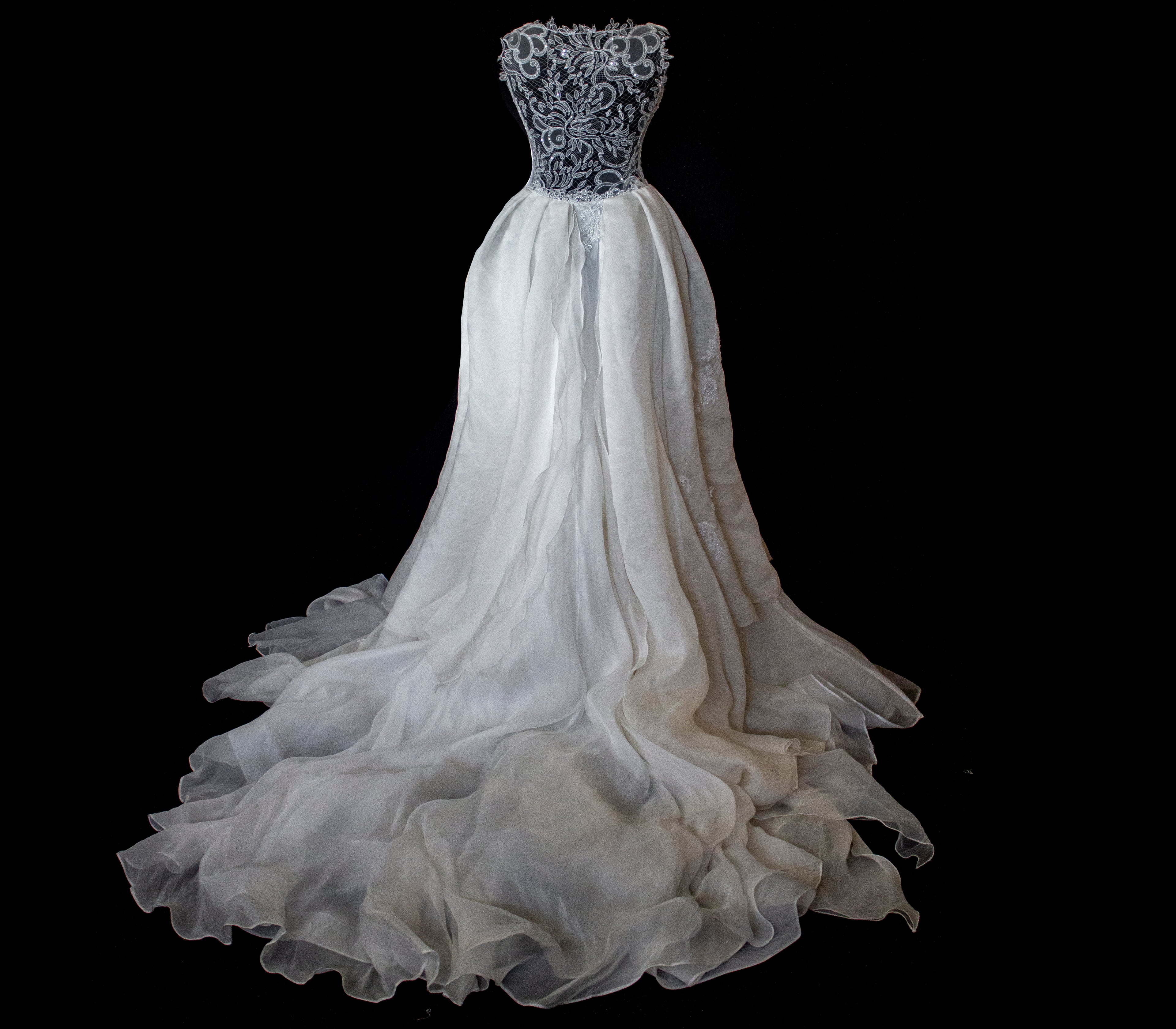 331 - ONE OF A KIND UPCYCLED VINTAGE BRIDAL GOWN: ASYMMETRIC LAYERED SILK CLOUD SKIRT & EMBROIDERED LACE