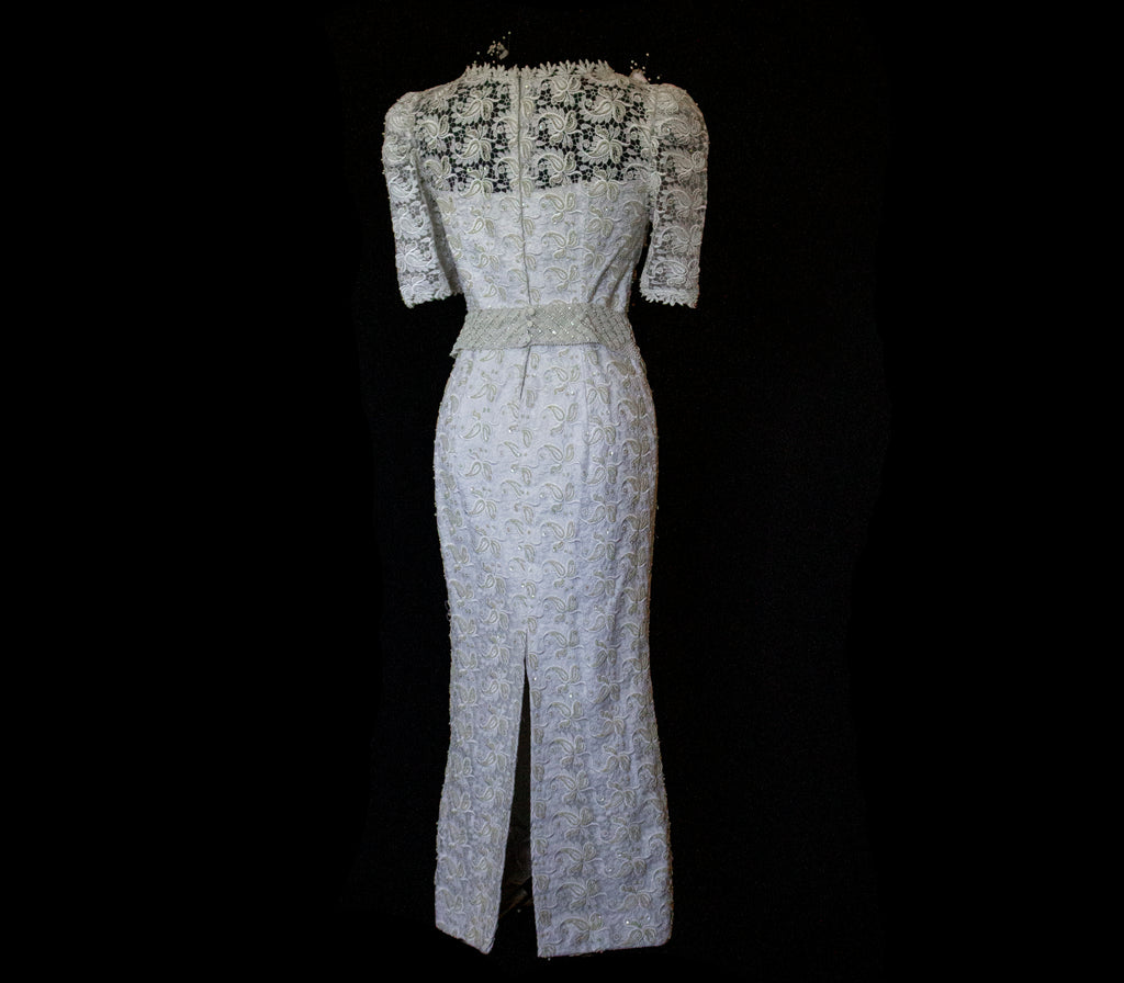359 - VINTAGE 80s BEADED LACE SHEATH DRESS: WHITE & GOLD WEDDING GOWN WITH 3D FLORAL DETAILS