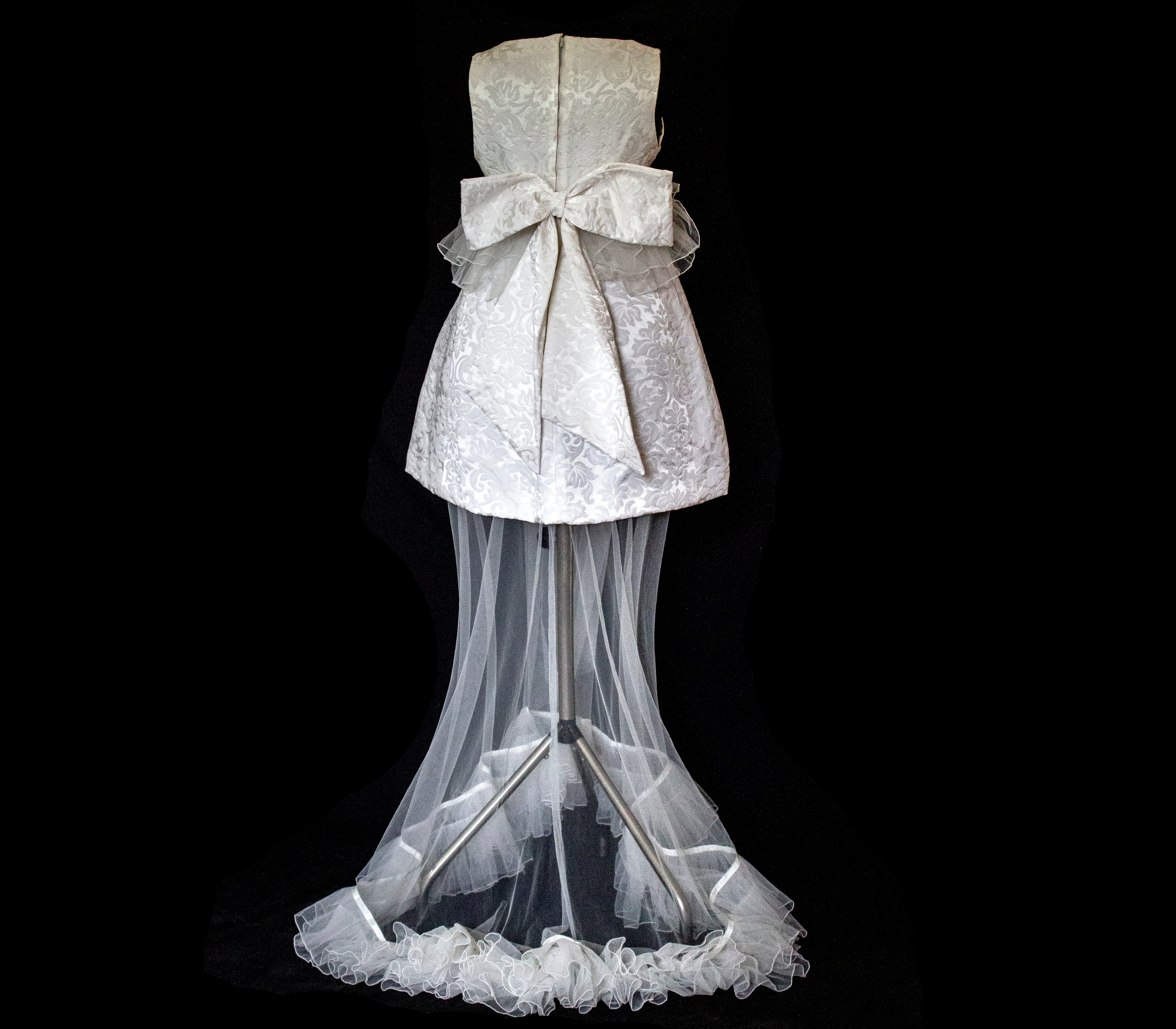 Vintage 90s Mini Wedding Dress | Damask Bridal Dress with Cape & Bow - 368