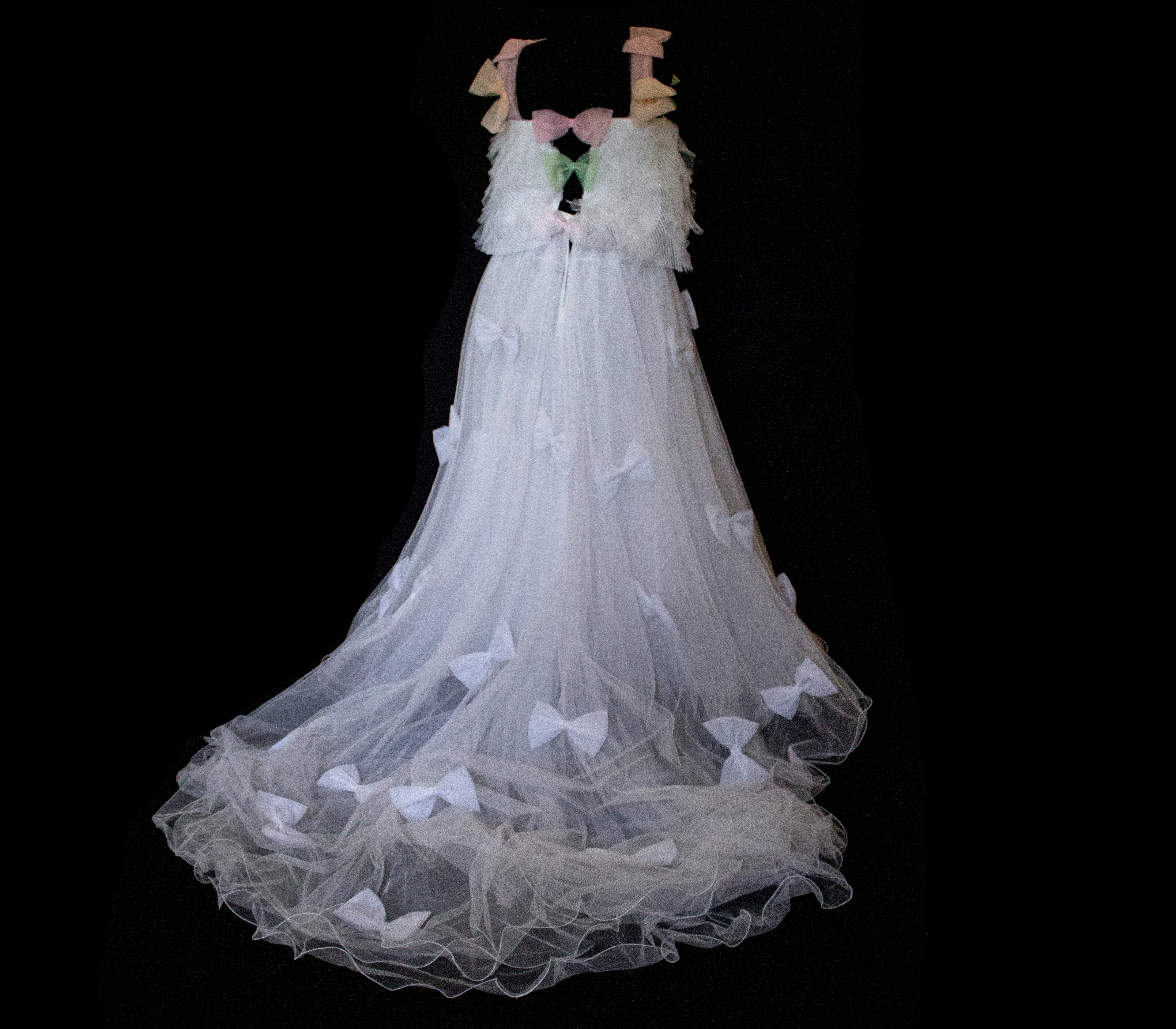 363 - VINTAGE 90s UPCYCLED TULLE 3-PIECE WEDDING DRESS: EMBROIDERED GOWN WITH HANDMADE BOWS AND CAPE