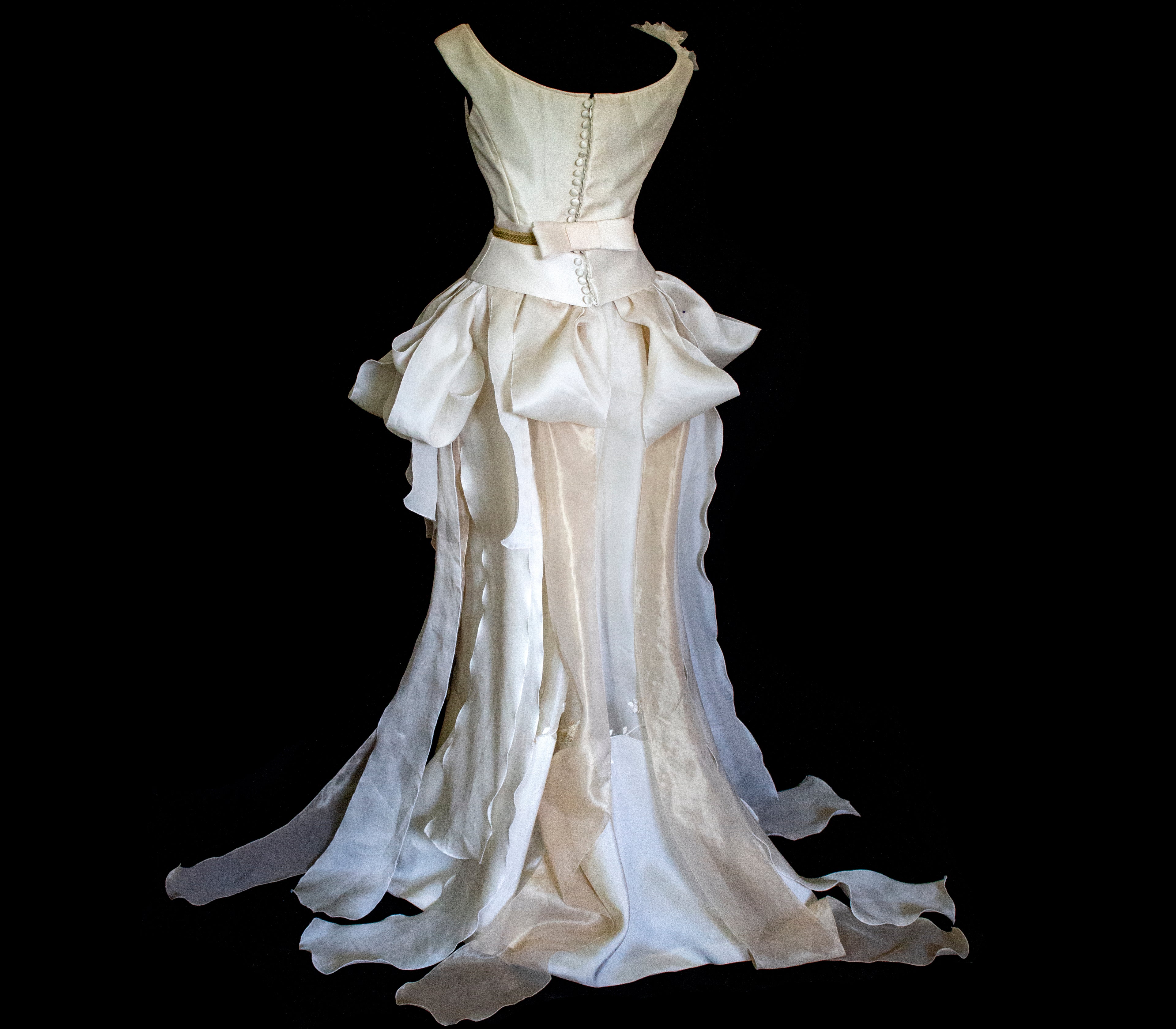 357 - VINTAGE 90s UPCYCLED SILK ORGANZA WEDDING DRESS: EMBROIDERED GOWN WITH HANDMADE FRINGE