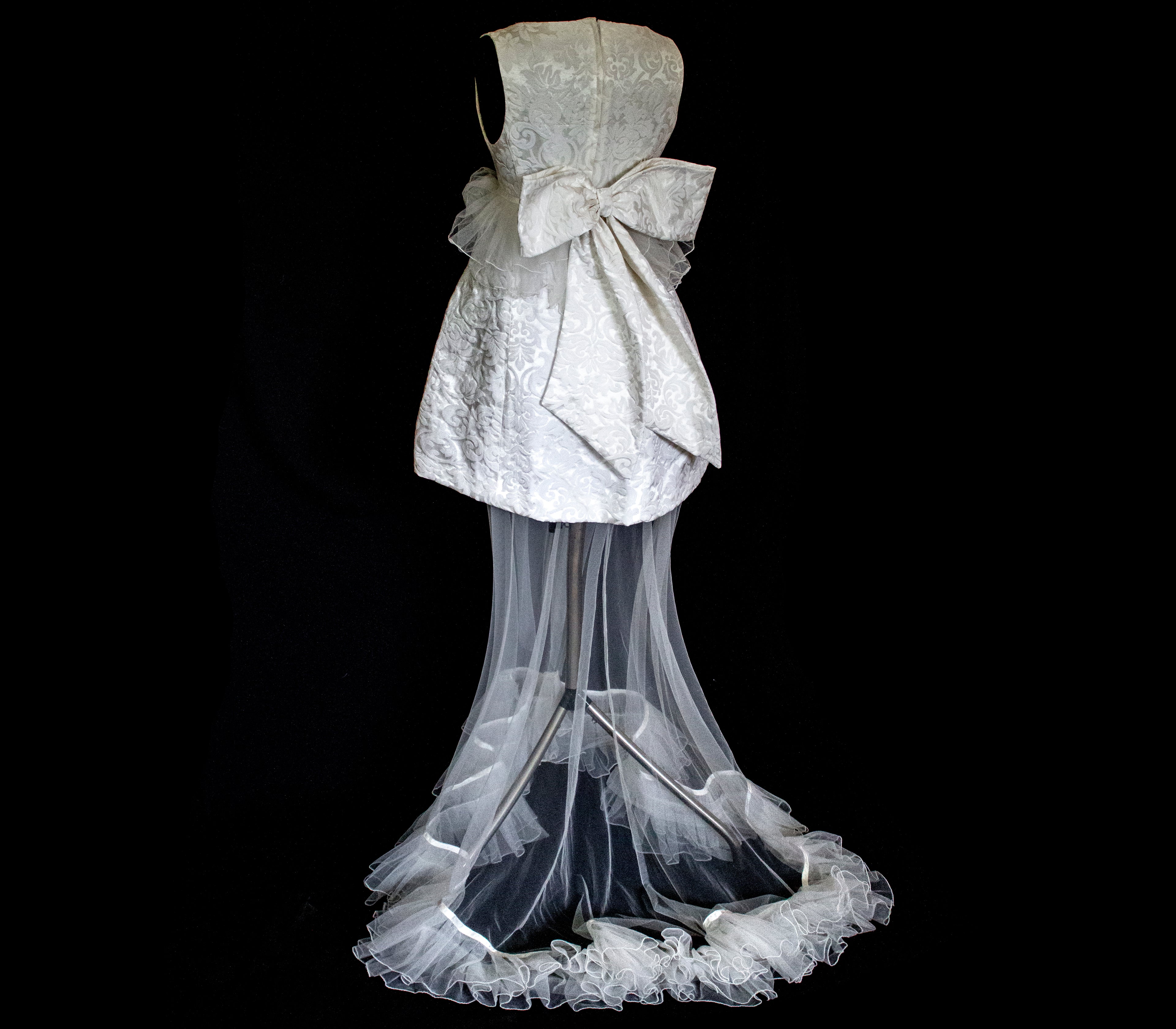 Vintage 90s Mini Wedding Dress | Damask Bridal Dress with Cape & Bow - 368