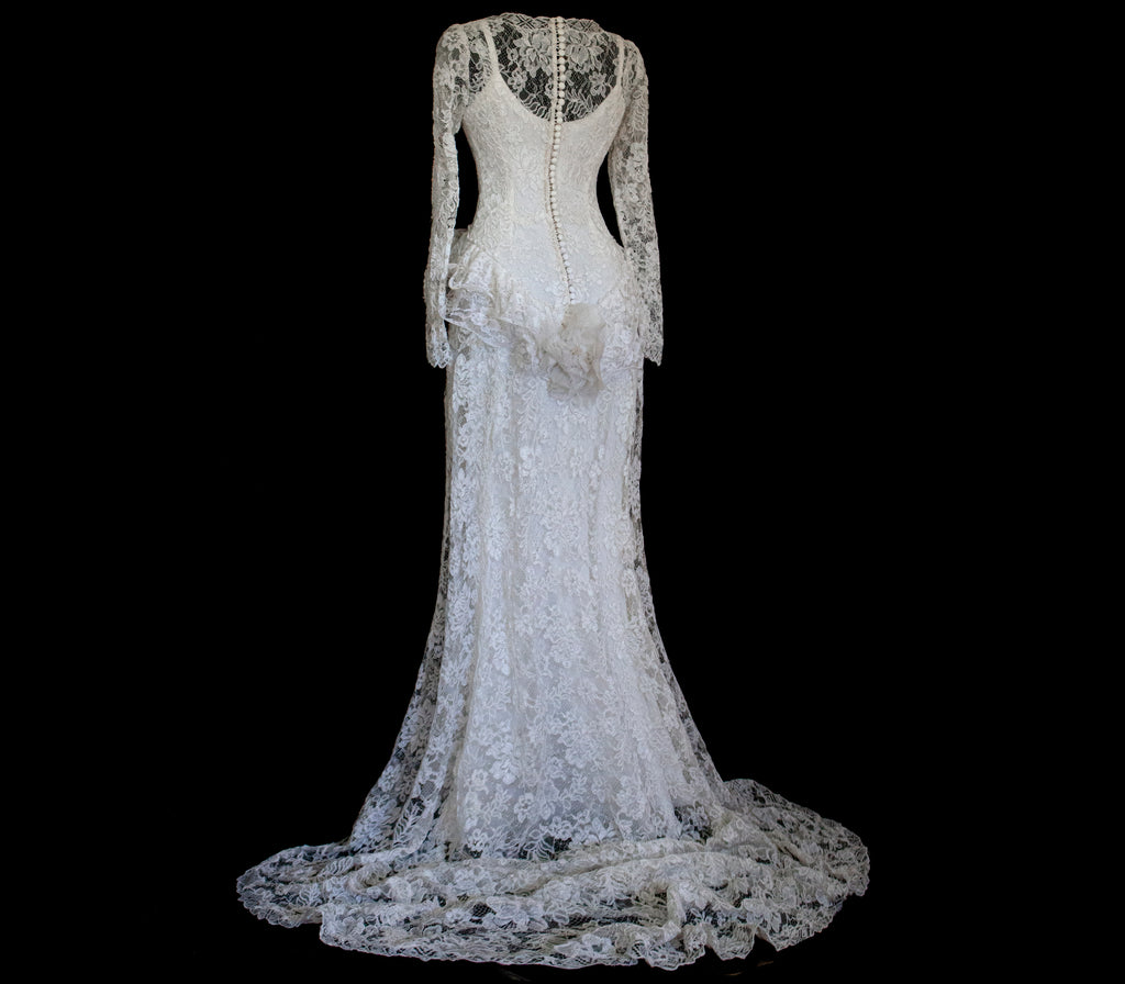 1980s Vintage Macramé Lace Sheath Wedding Dress | Full Train Gown - 377