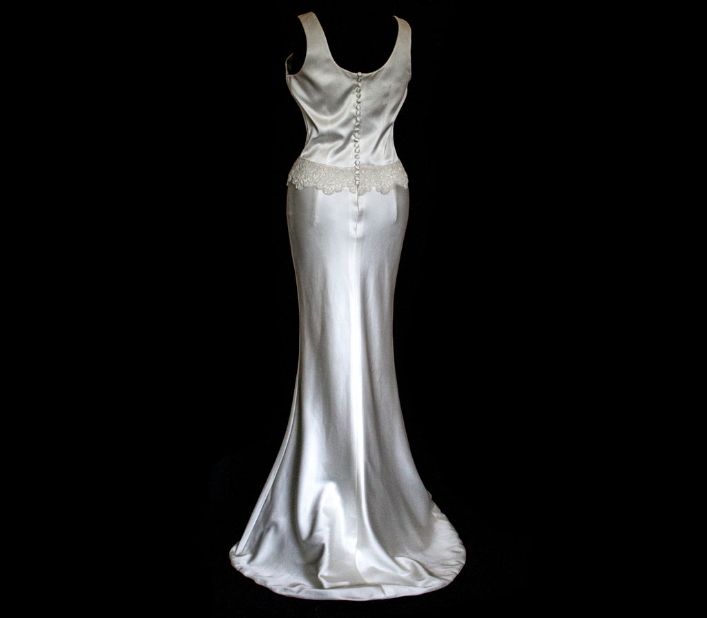 360 - VINTAGE SLIP STYLE WEDDING DRESS: CREAM FLUID SATIN GOWN WITH EMBROIDERED TULLE CAPE