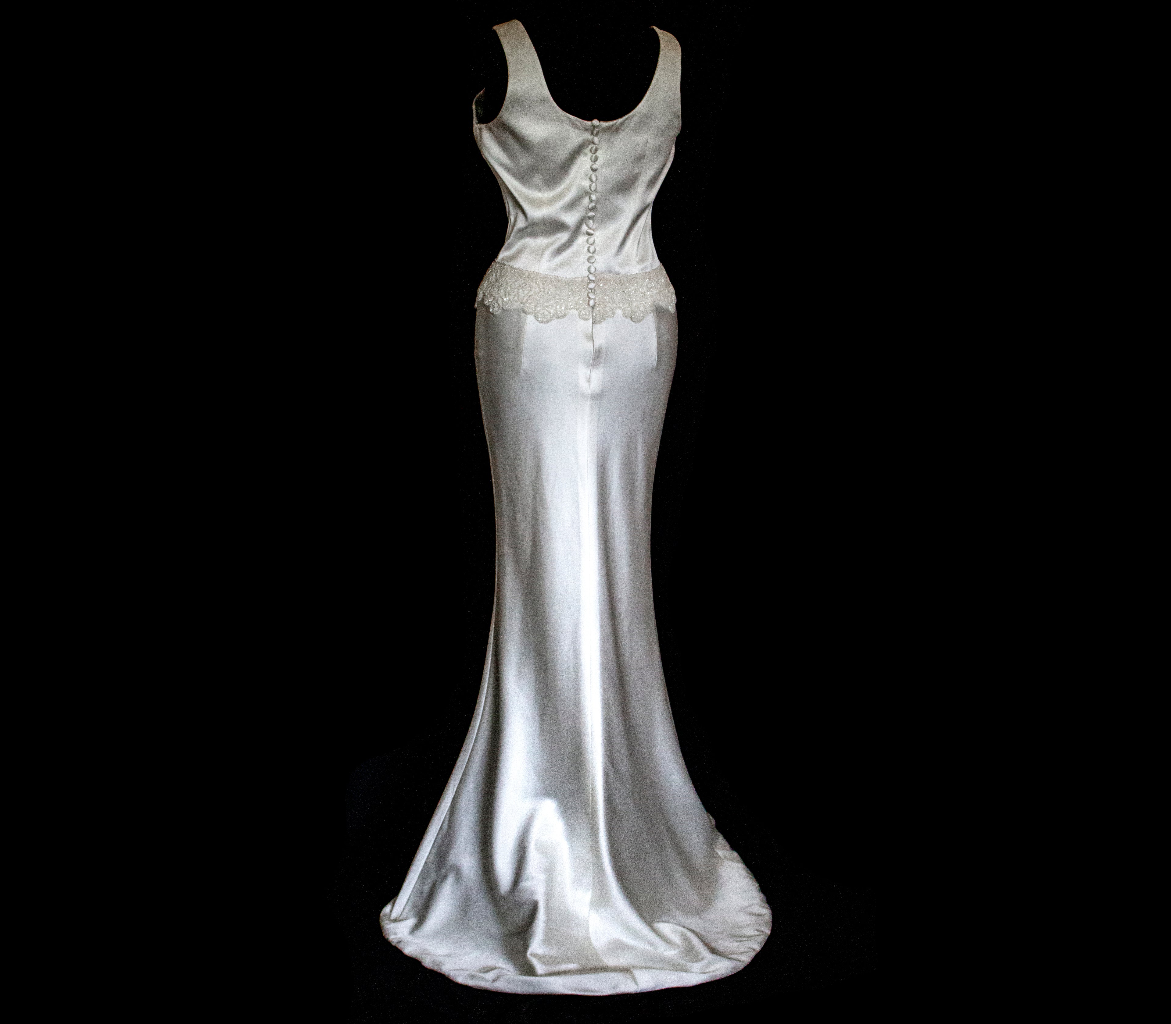 360 - VINTAGE SLIP STYLE WEDDING DRESS: CREAM FLUID SATIN GOWN WITH EMBROIDERED TULLE CAPE