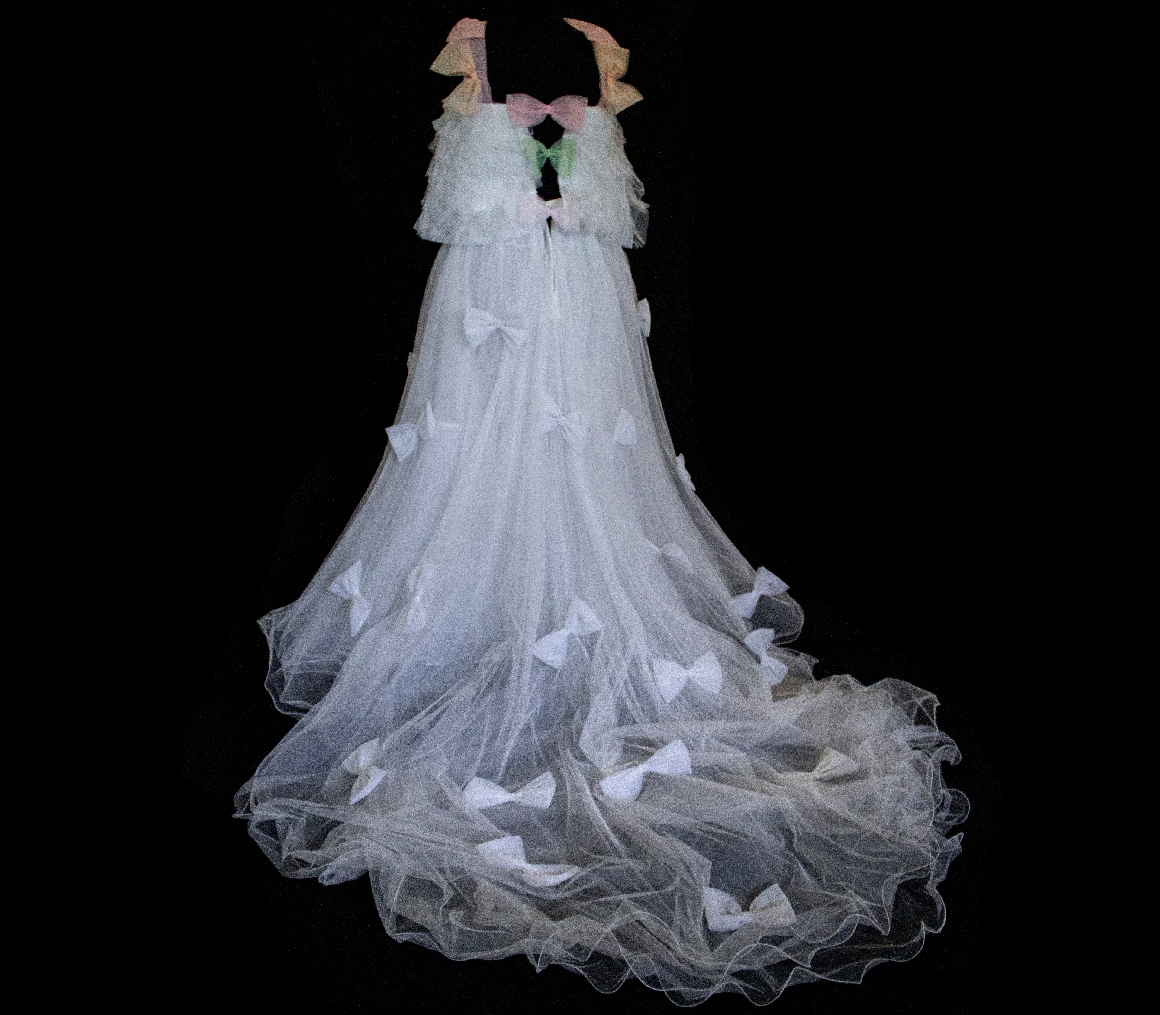 363 - VINTAGE 90s UPCYCLED TULLE 3-PIECE WEDDING DRESS: EMBROIDERED GOWN WITH HANDMADE BOWS AND CAPE