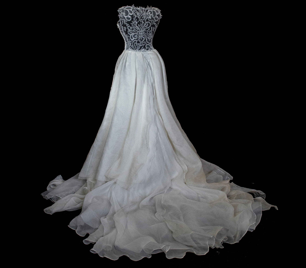 331 - ONE OF A KIND UPCYCLED VINTAGE BRIDAL GOWN: ASYMMETRIC LAYERED SILK CLOUD SKIRT & EMBROIDERED LACE