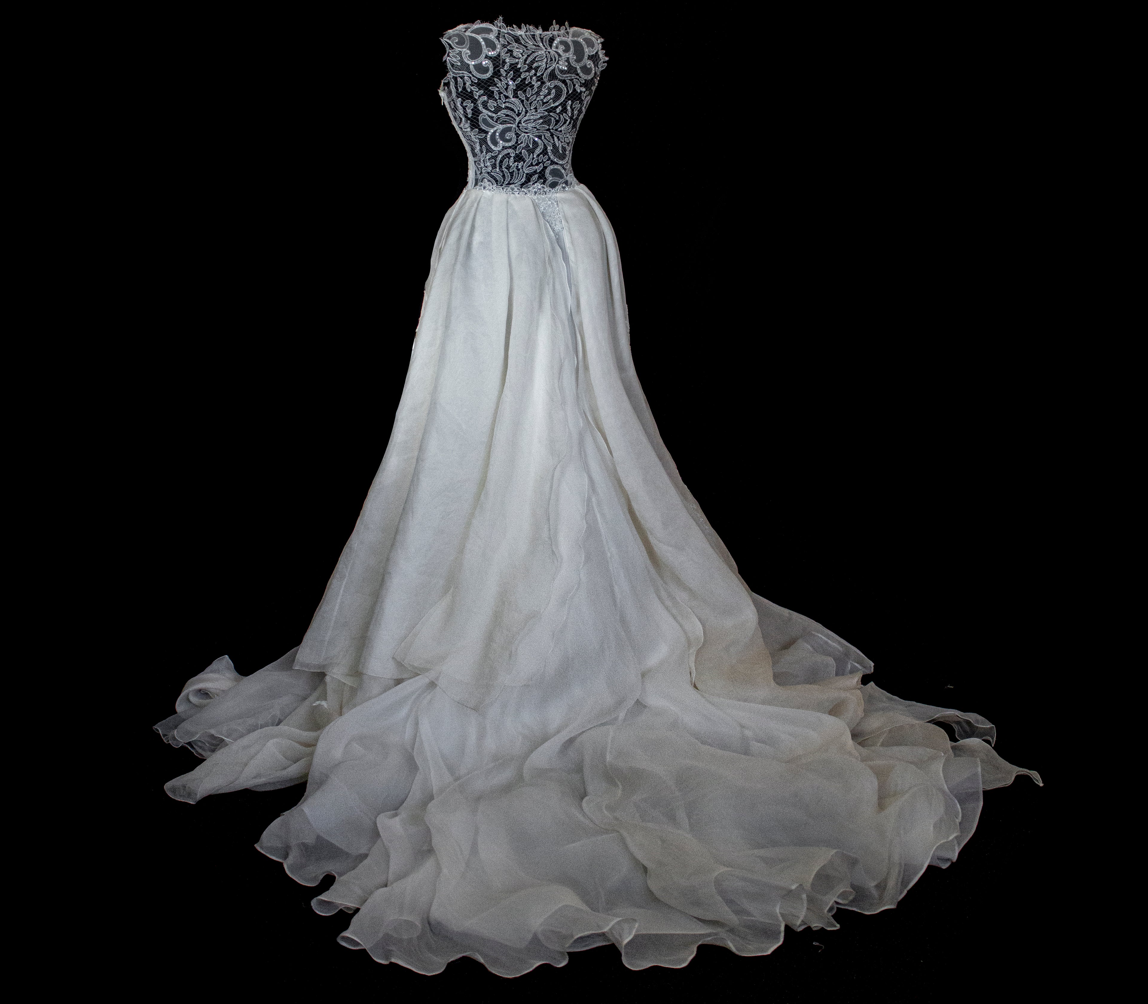 331 - ONE OF A KIND UPCYCLED VINTAGE BRIDAL GOWN: ASYMMETRIC LAYERED SILK CLOUD SKIRT & EMBROIDERED LACE