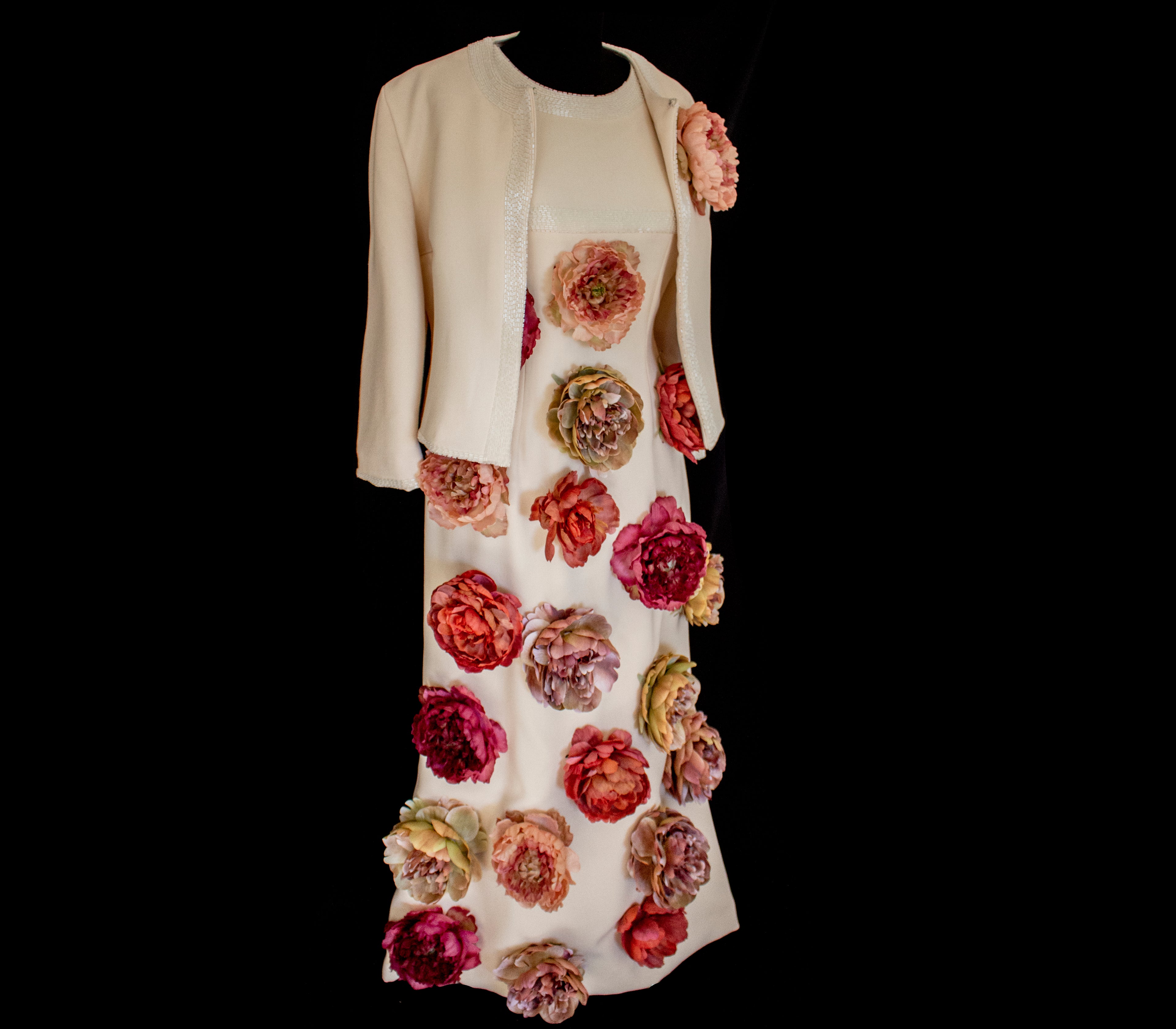 326 - SUSTAINABLE VINTAGE BRIDAL SET: WOOL CREPE DRESS & JACKET WITH COLORFUL PEONIES
